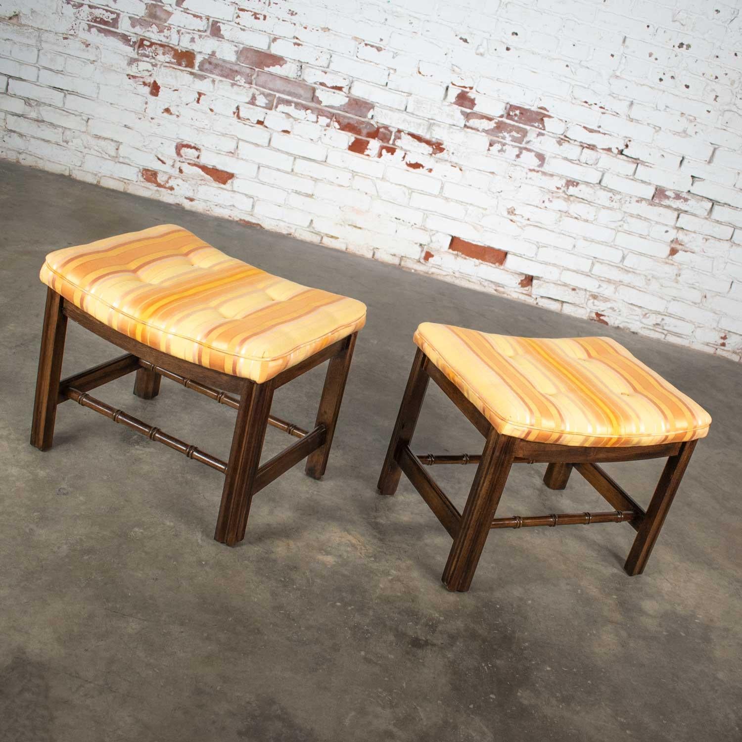 Chinese Chippendale Pair of Foot Stools in Orange and Yellow Stripe Upholstery 2
