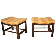 Chinese Chippendale Pair of Foot Stools in Orange and Yellow Stripe Upholstery