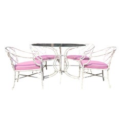 White chippendale faux bamboo iron patio set 4 arm chairs pink Sunbrella fabric