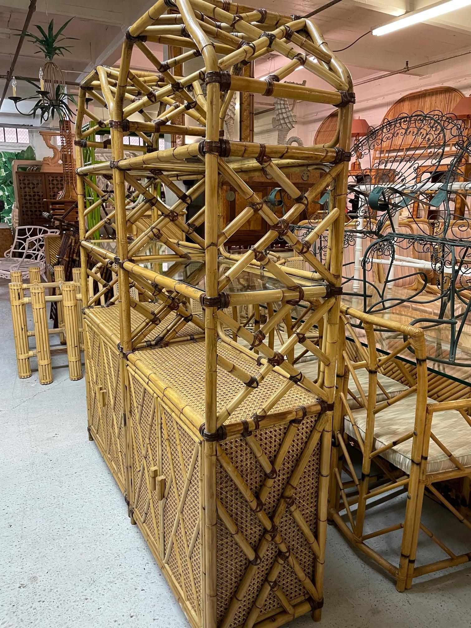 Late 20th Century Chinese Chippendale Rattan and Cane Etageres, a Pair