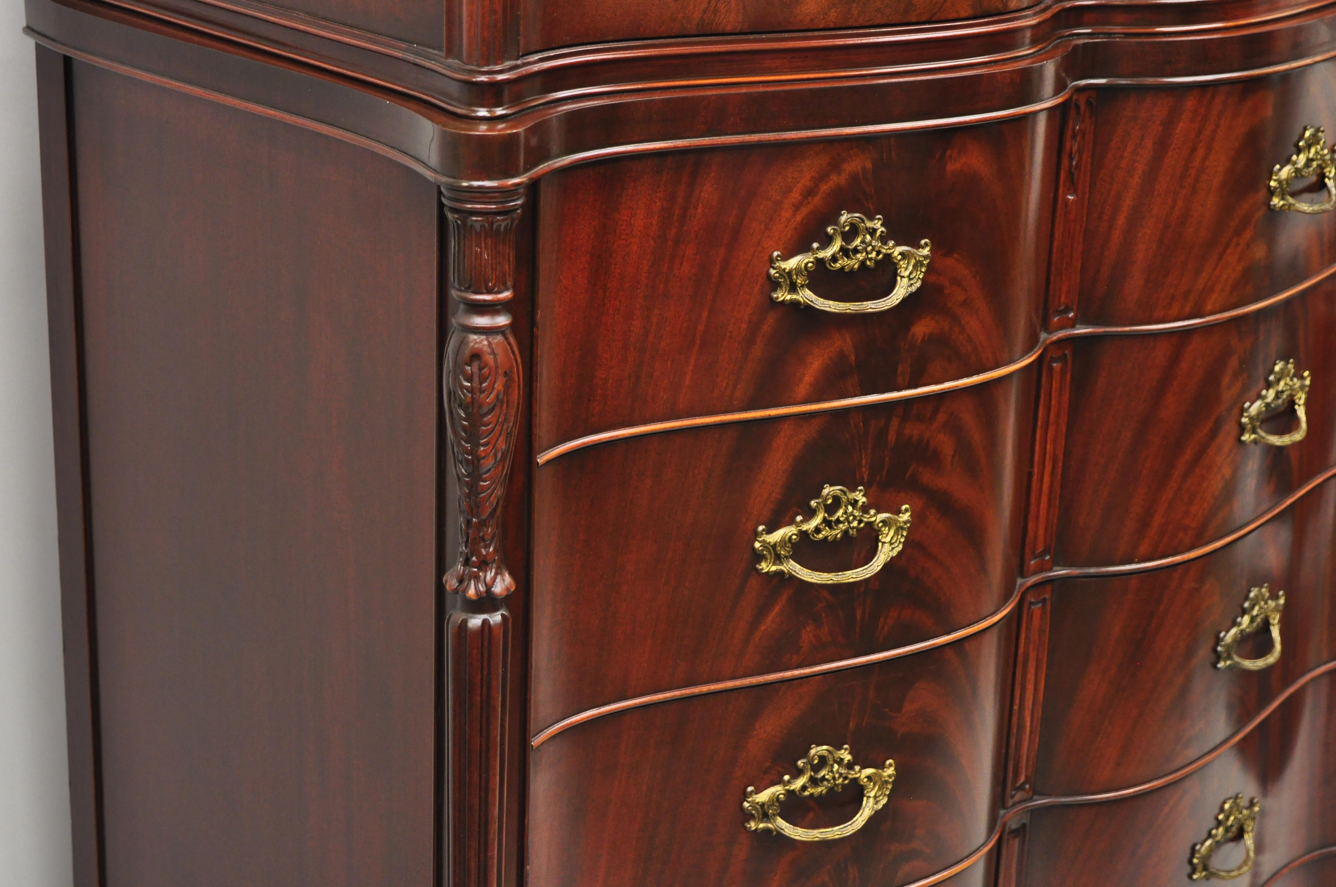 Chinese Chippendale Serpentine Bow Front Flame Mahogany Tall Chest Dresser In Good Condition In Philadelphia, PA