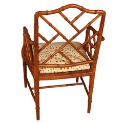 Chinese Chippendale Single Bamboo Chair With Lattice Back and Les Touches Fabric