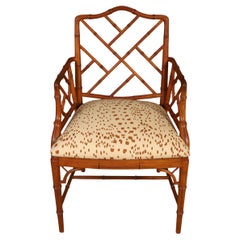 Chinese Chippendale Single Bamboo Chair With Lattice Back and Les Touches Fabric