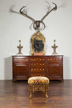 Chinese Chippendale Style 1840s English Gilt Faux Bamboo Stool with Tiger Fabric