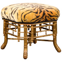 Chinese Chippendale Style 1840s English Gilt Faux Bamboo Stool with Tiger Fabric