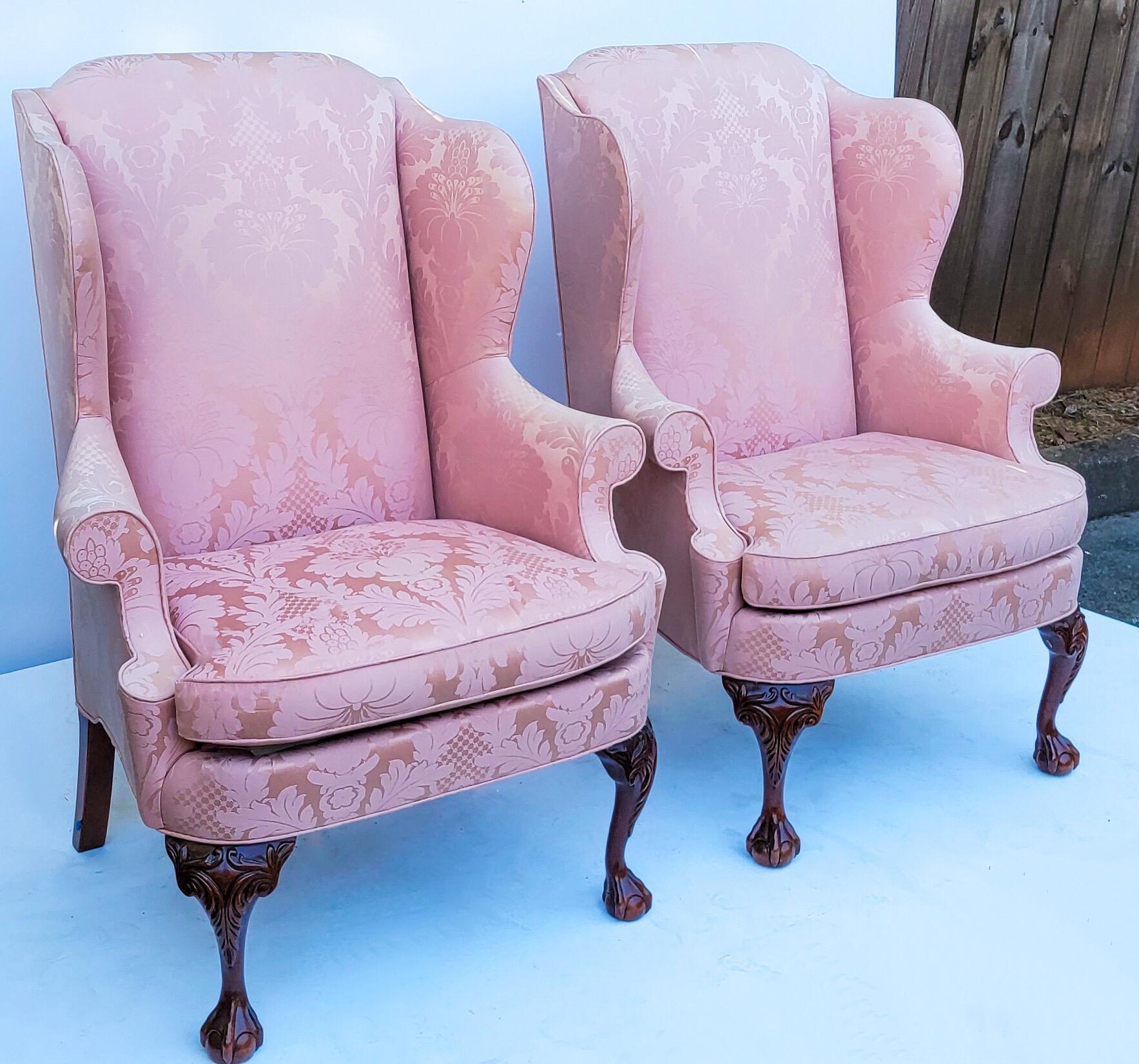 Chinese Chippendale Style Ball and Claw Wingback Chairs by Hickory Chair, Pair In Good Condition In Kennesaw, GA