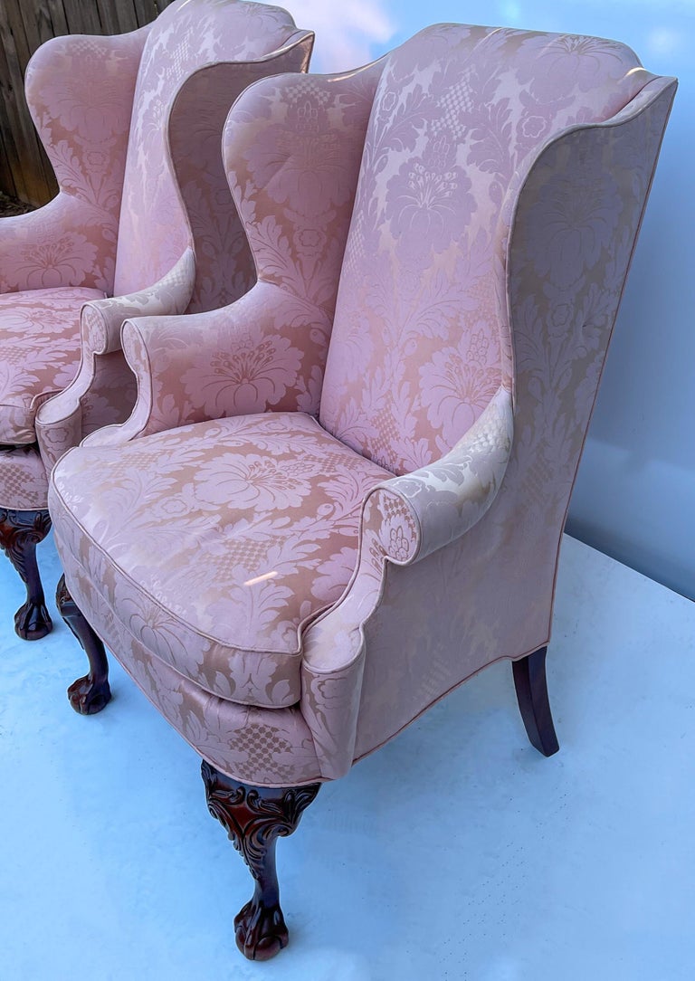 Damask Chinese Chippendale Style Ball and Claw Wingback Chairs by Hickory Chair, Pair For Sale