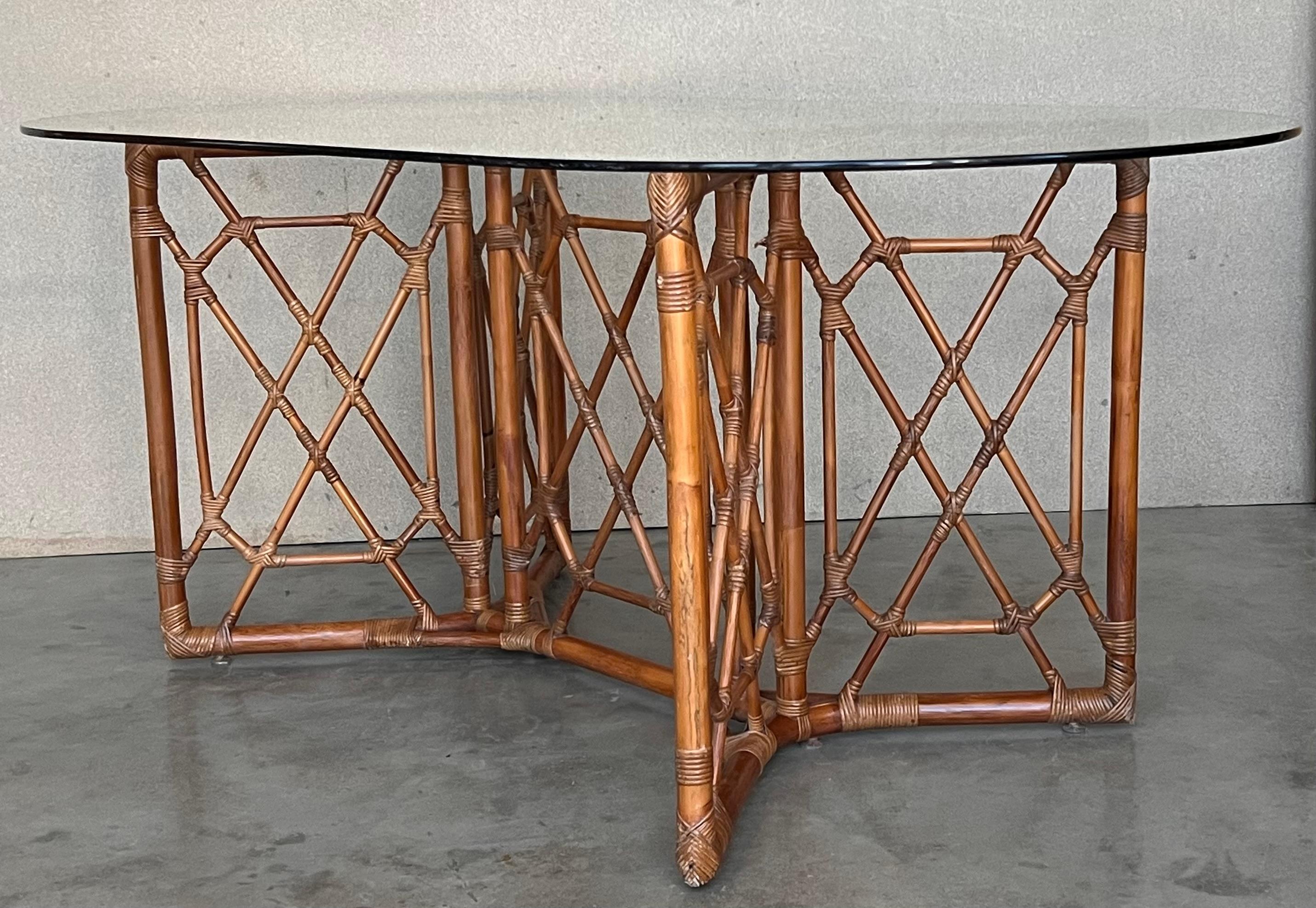 Chinese Chippendale Style Bamboo Dining Table with Oval Glass Top In Good Condition For Sale In Miami, FL