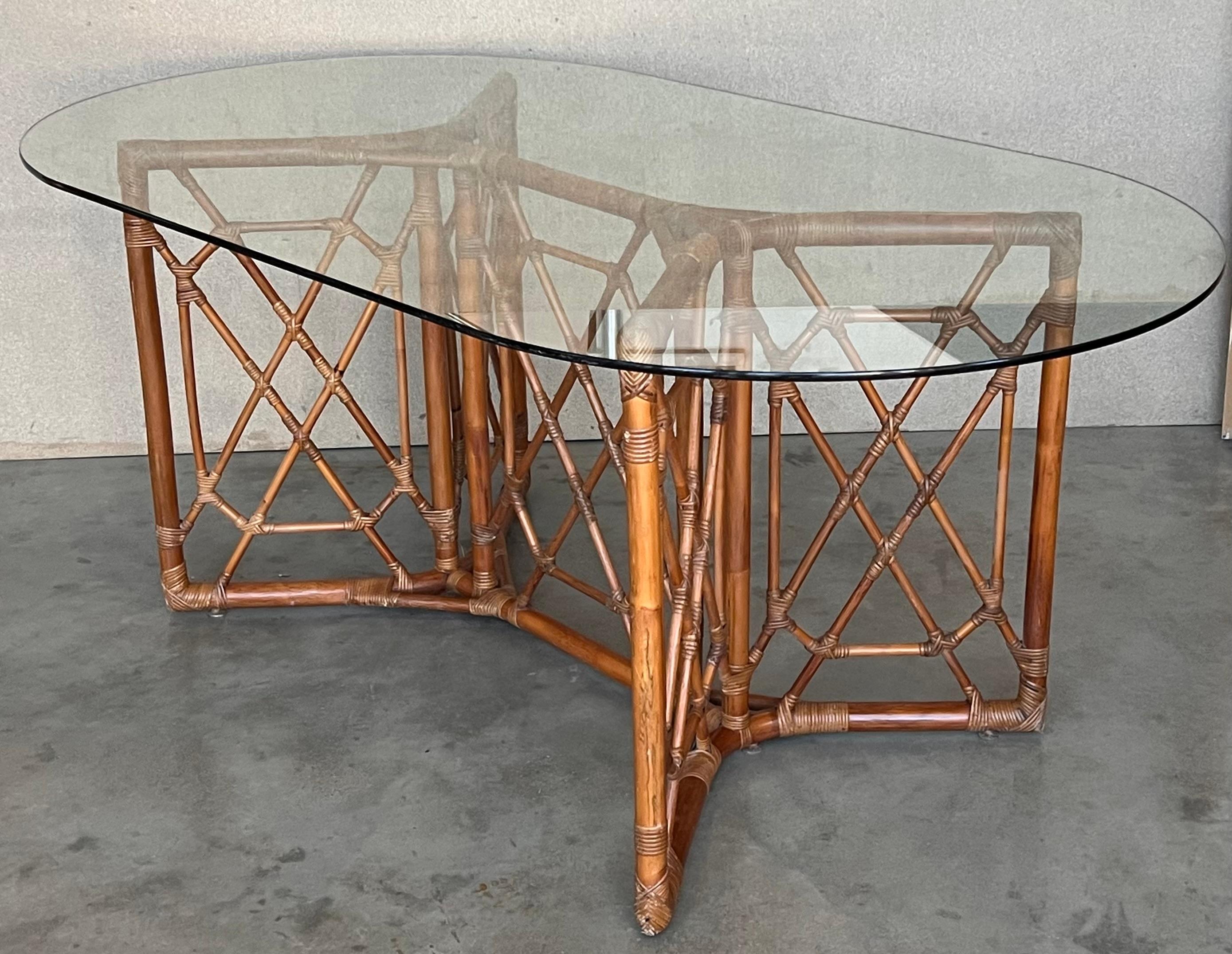 20th Century Chinese Chippendale Style Bamboo Dining Table with Oval Glass Top For Sale