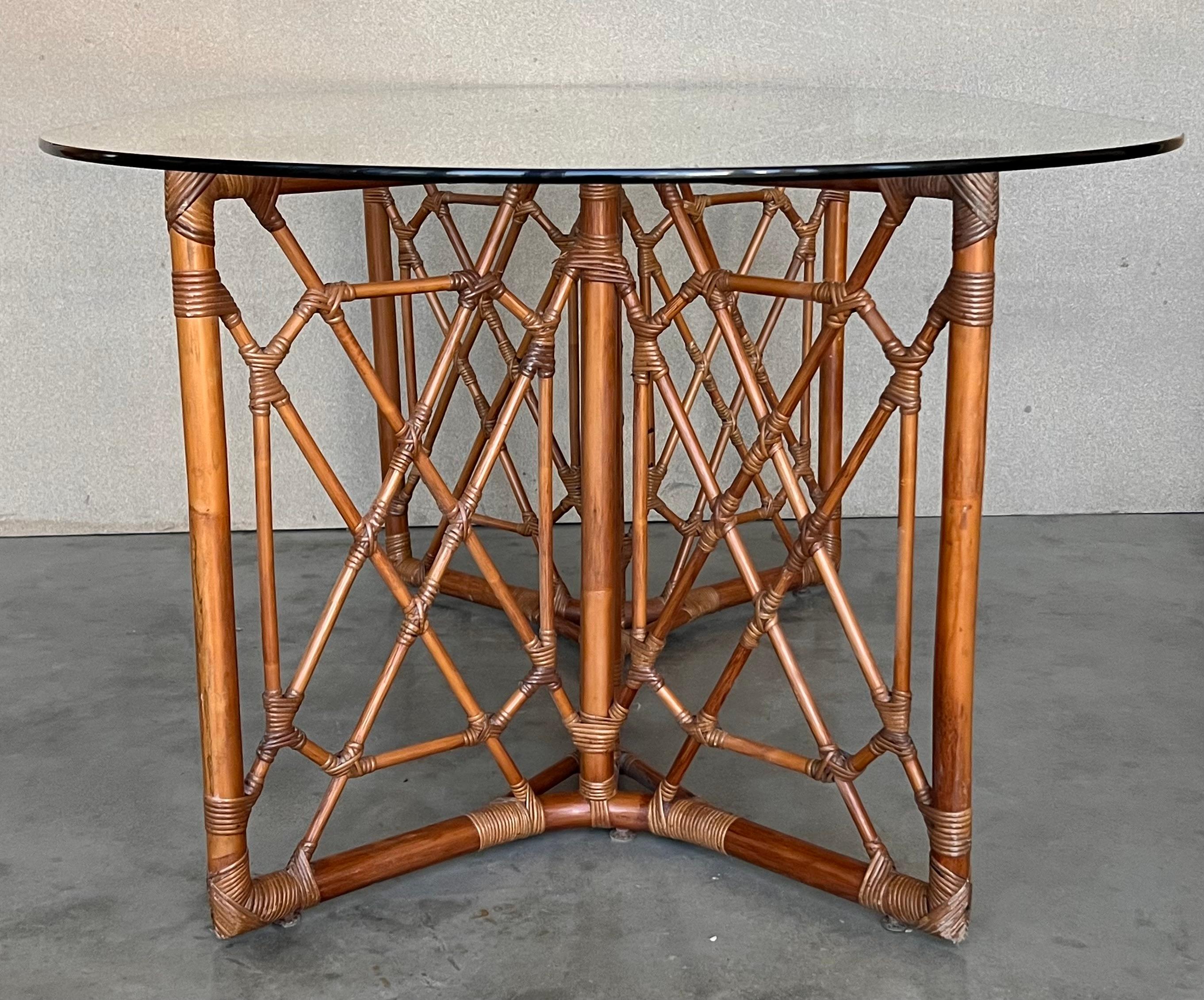 Chinese Chippendale Style Bamboo Dining Table with Oval Glass Top For Sale 1