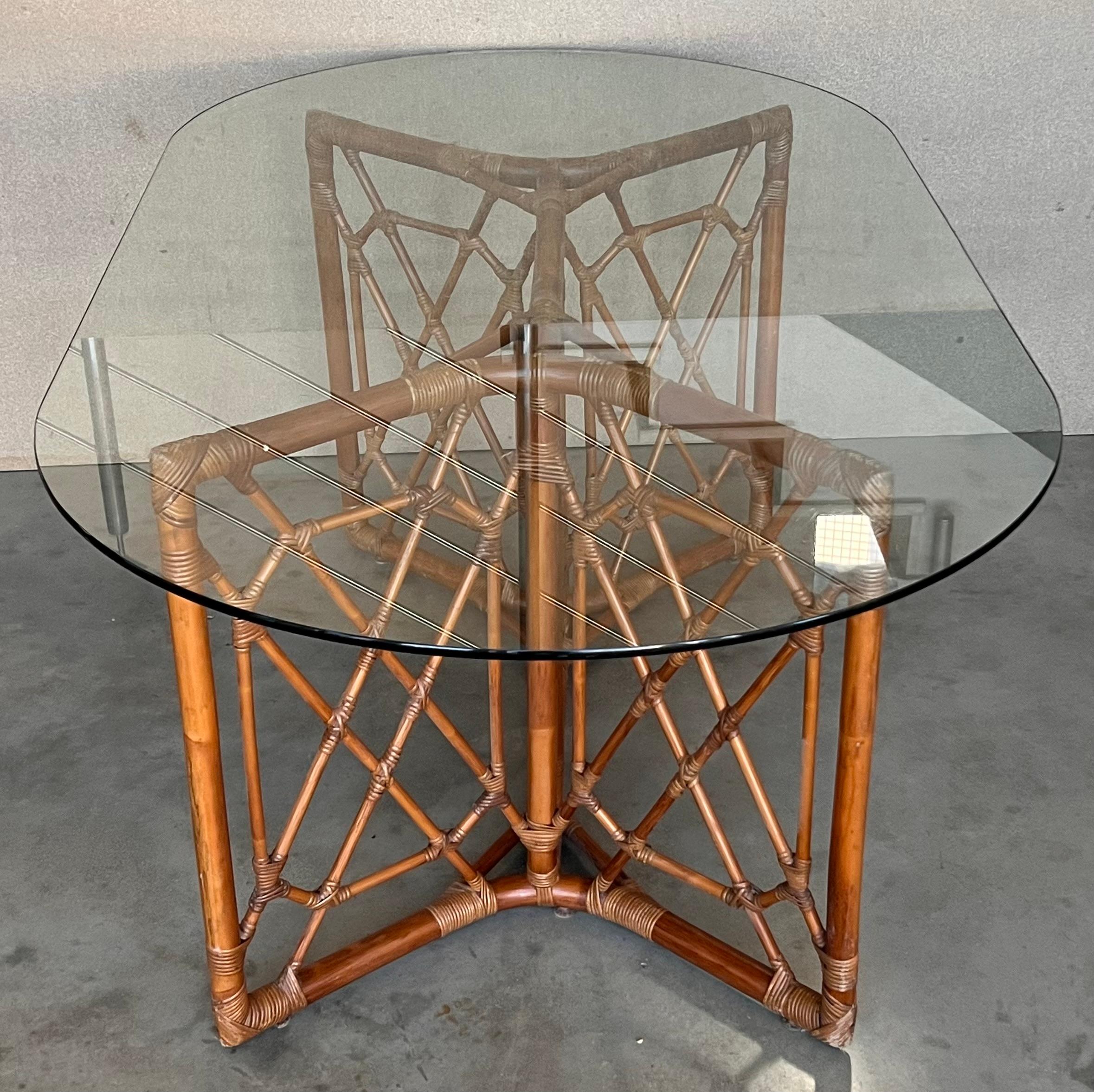 Chinese Chippendale Style Bamboo Dining Table with Oval Glass Top For Sale 2