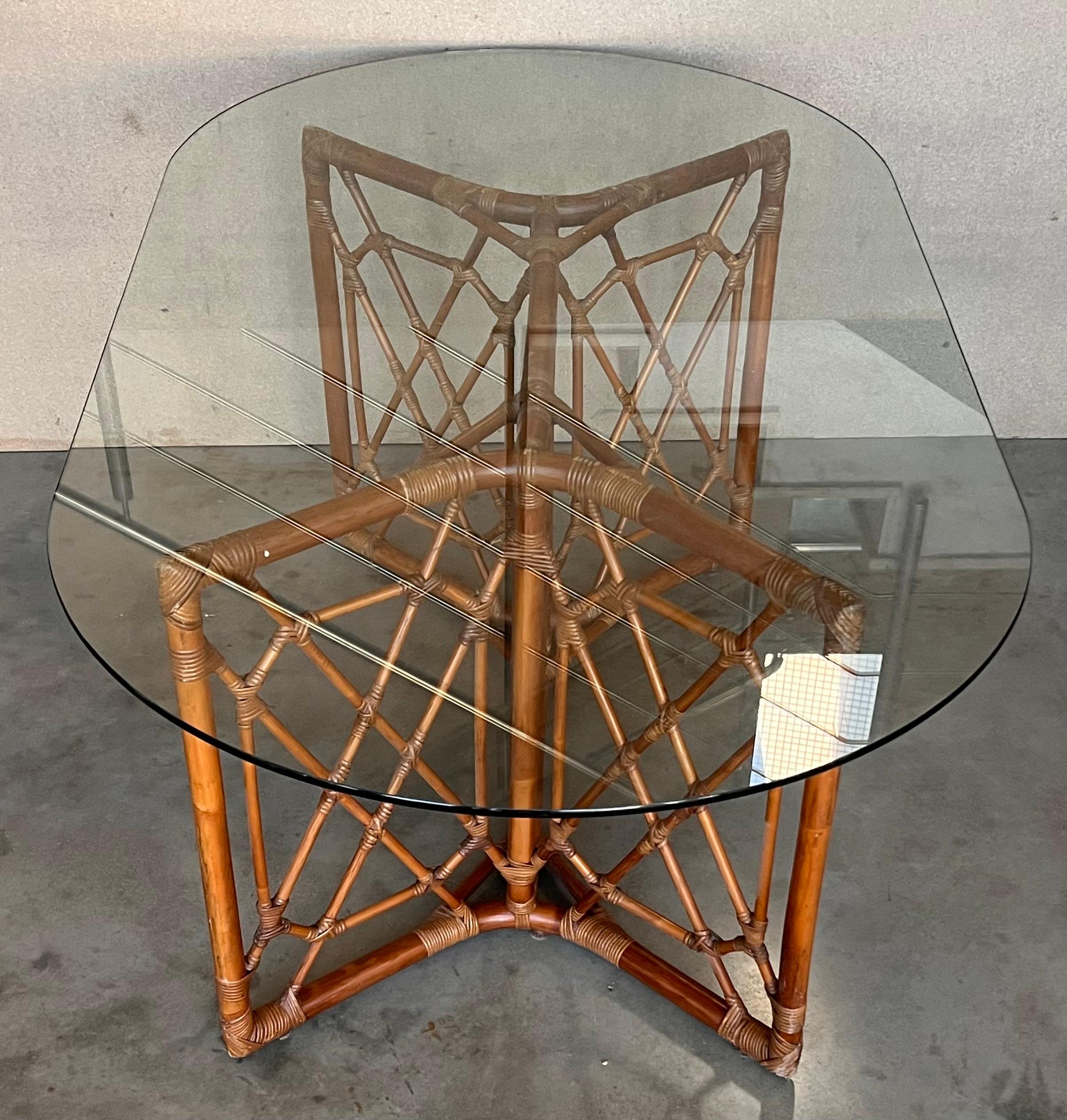 Chinese Chippendale Style Bamboo Dining Table with Oval Glass Top For Sale 3
