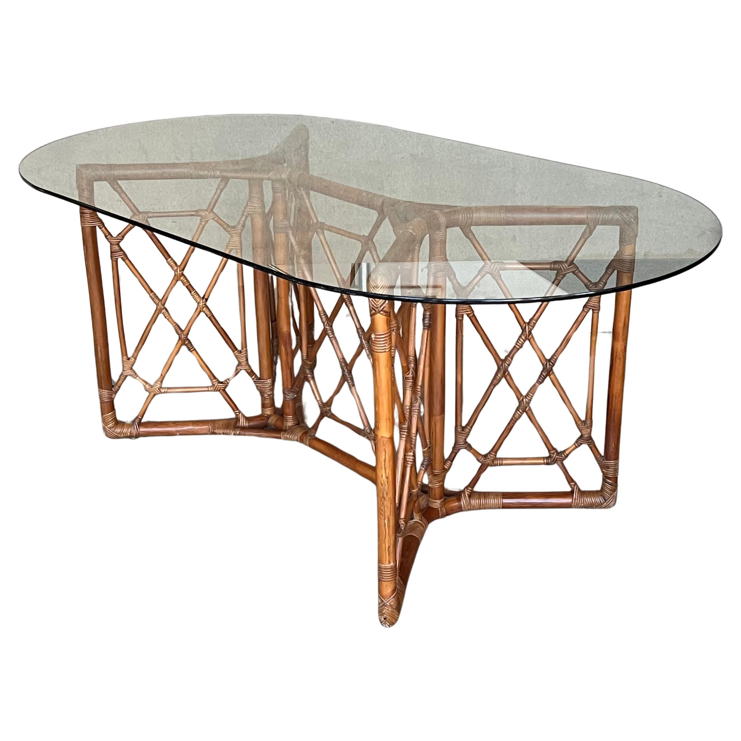 Chinese Chippendale Style Bamboo Dining Table with Oval Glass Top