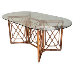 Retro Chinese Chippendale Style Bamboo Dining Table with Oval Glass Top