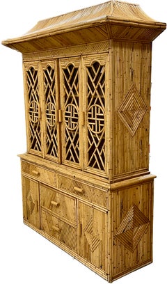 Chinese Chippendale Bamboo  Pencil Reed Rattan Buffet Display Cabinet