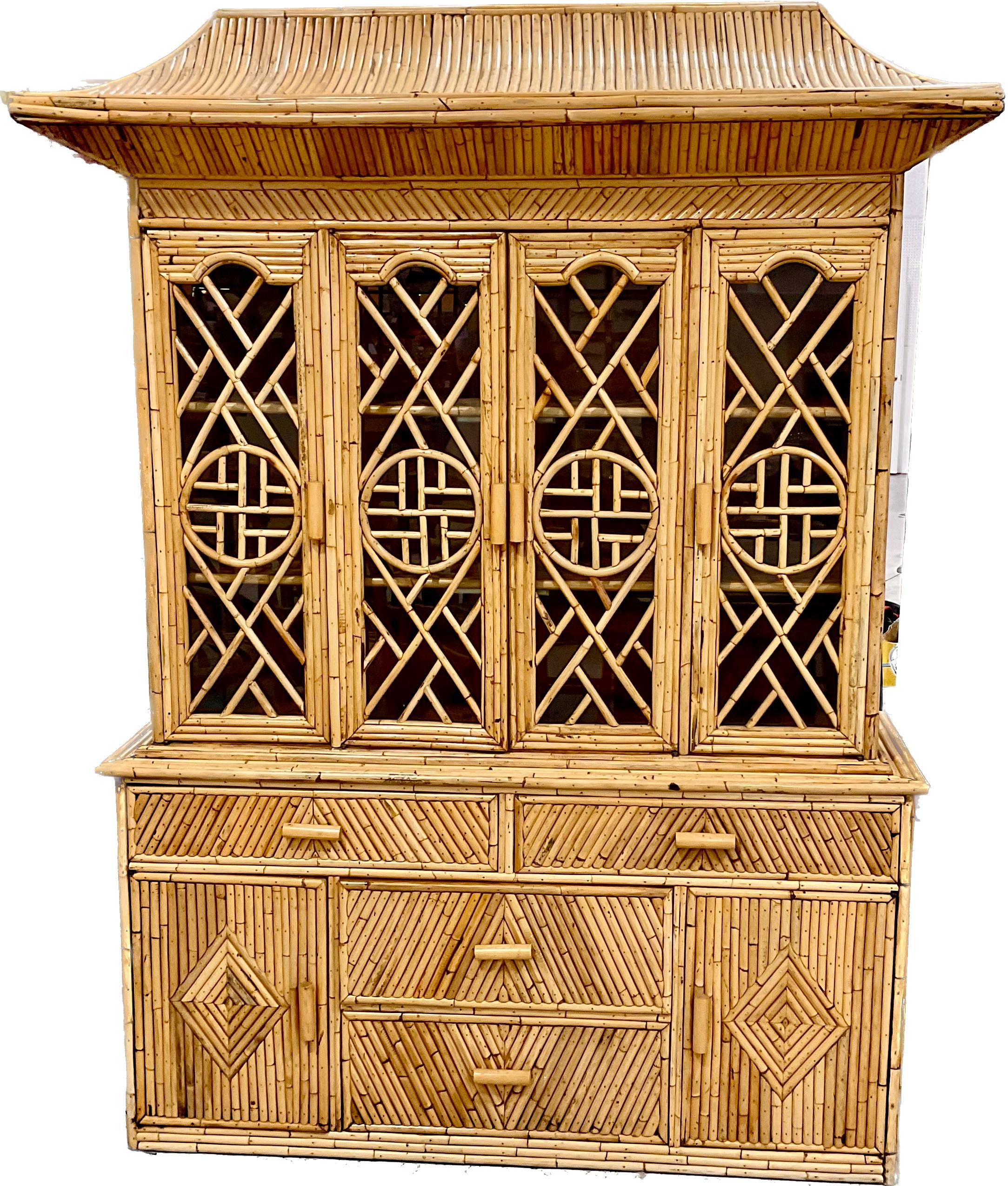 Mid-Century Modern Chinese Chippendale Bamboo  Pencil Reed Rattan Buffet Display Cabinet
