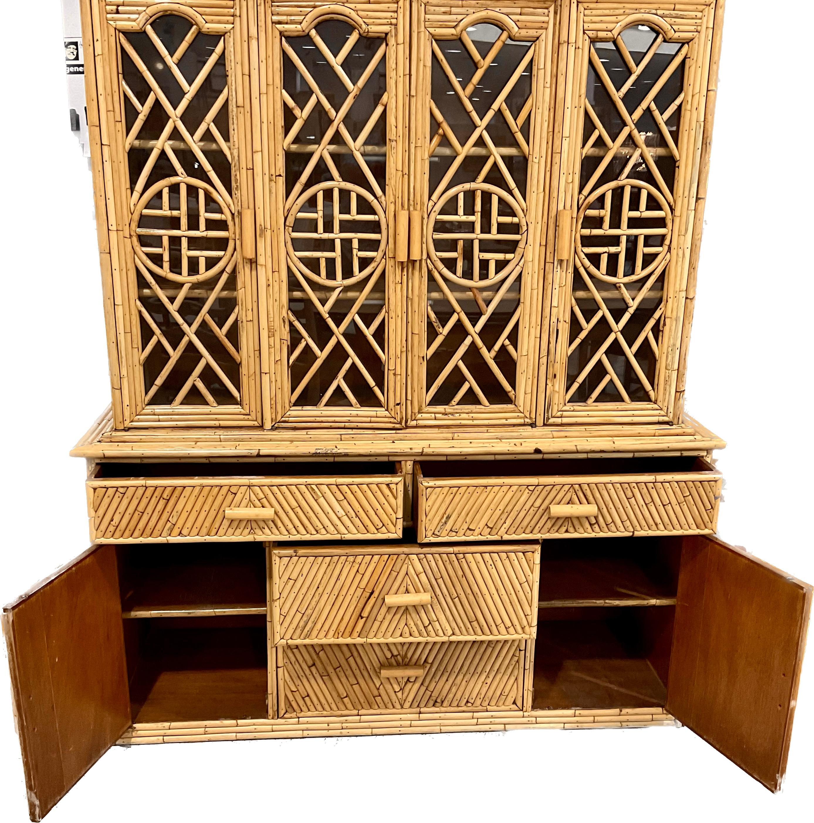 American Chinese Chippendale Bamboo  Pencil Reed Rattan Buffet Display Cabinet