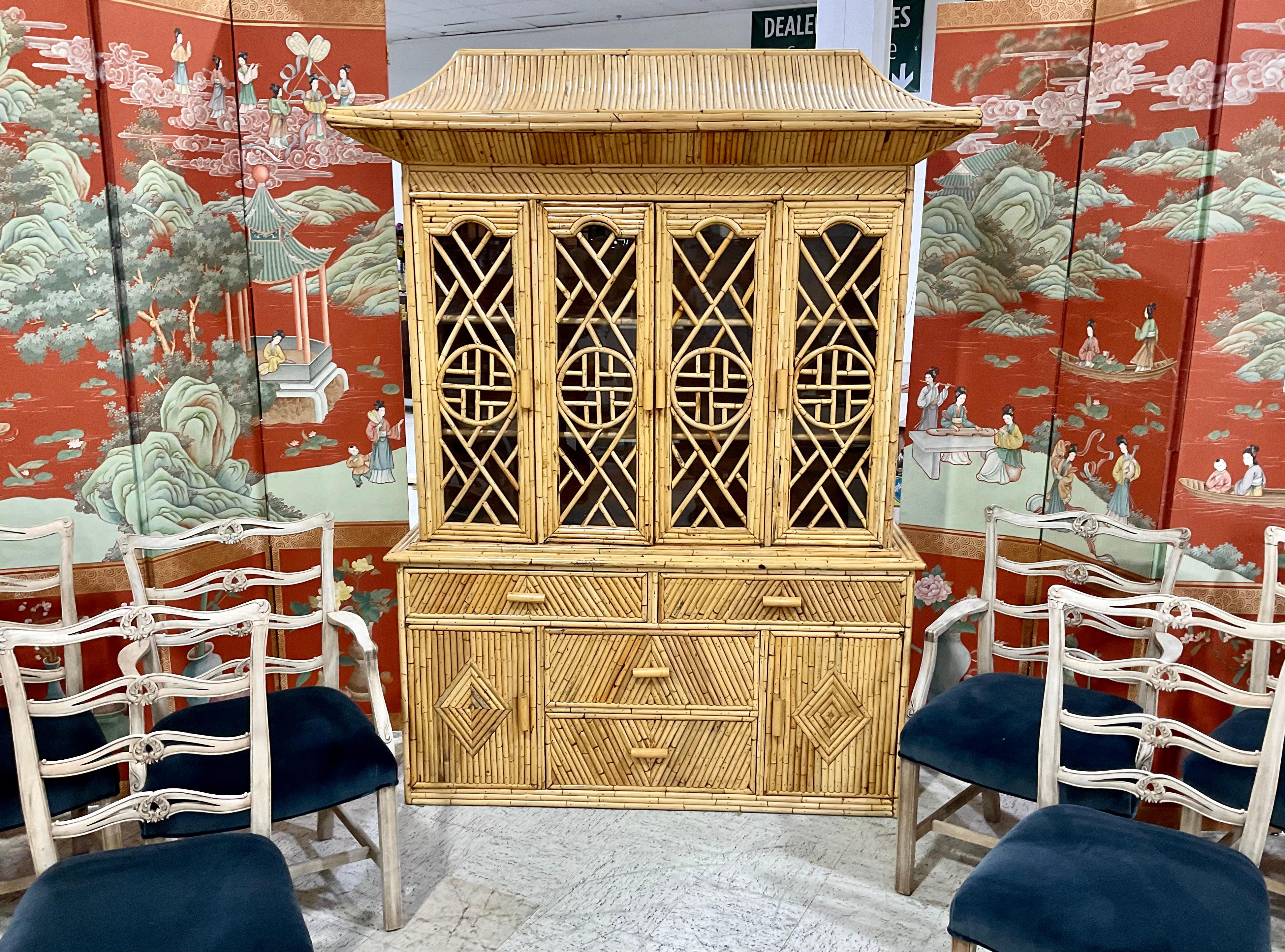 20th Century Chinese Chippendale Bamboo  Pencil Reed Rattan Buffet Display Cabinet