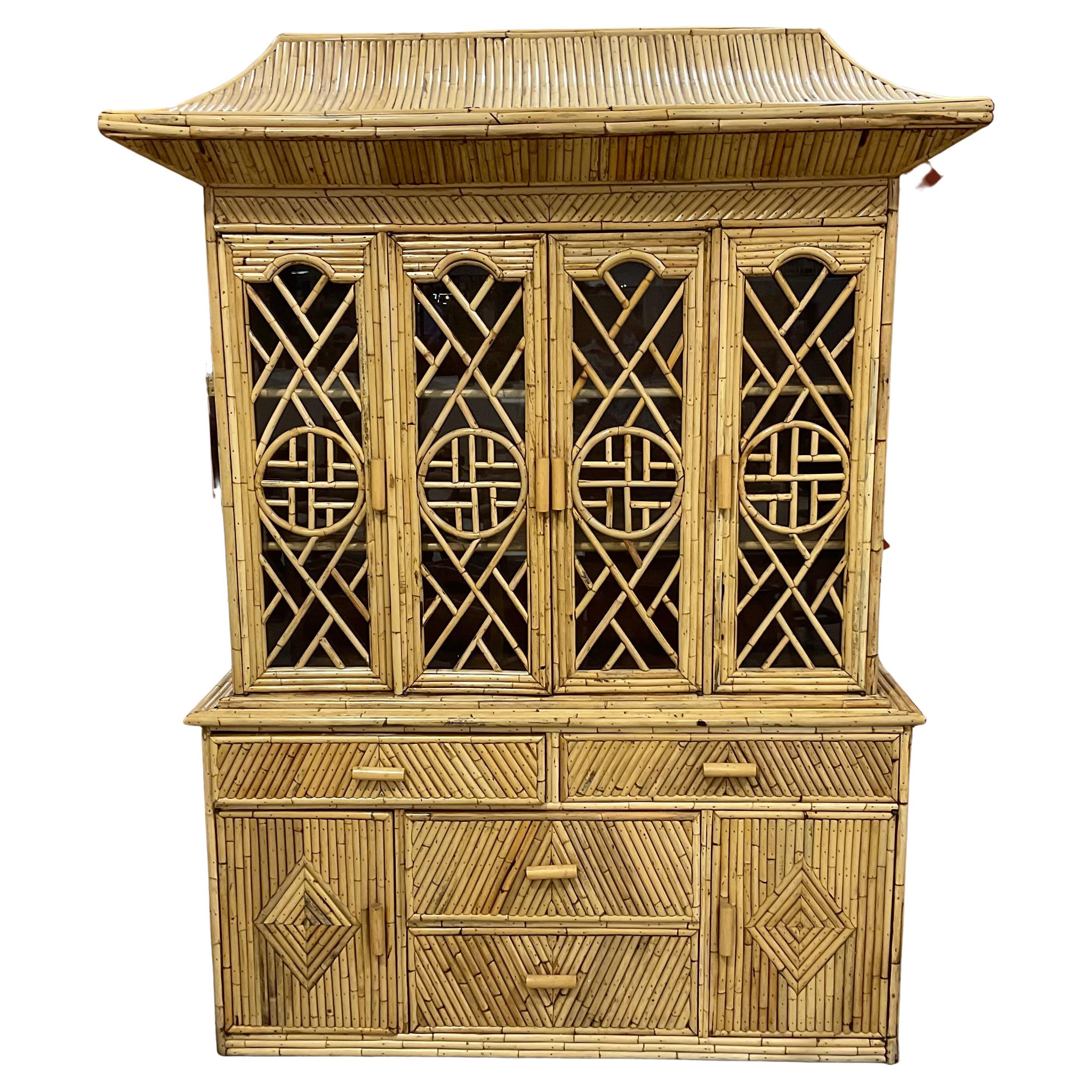 Chinese Chippendale Bamboo  Pencil Reed Rattan Buffet Display Cabinet