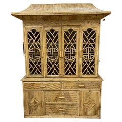 Vintage Chinese Chippendale Bamboo  Pencil Reed Rattan Buffet Display Cabinet