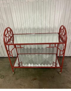Vintage Chinese Chippendale Bar Cart, Wrought Iron & Mirror, 1950s
