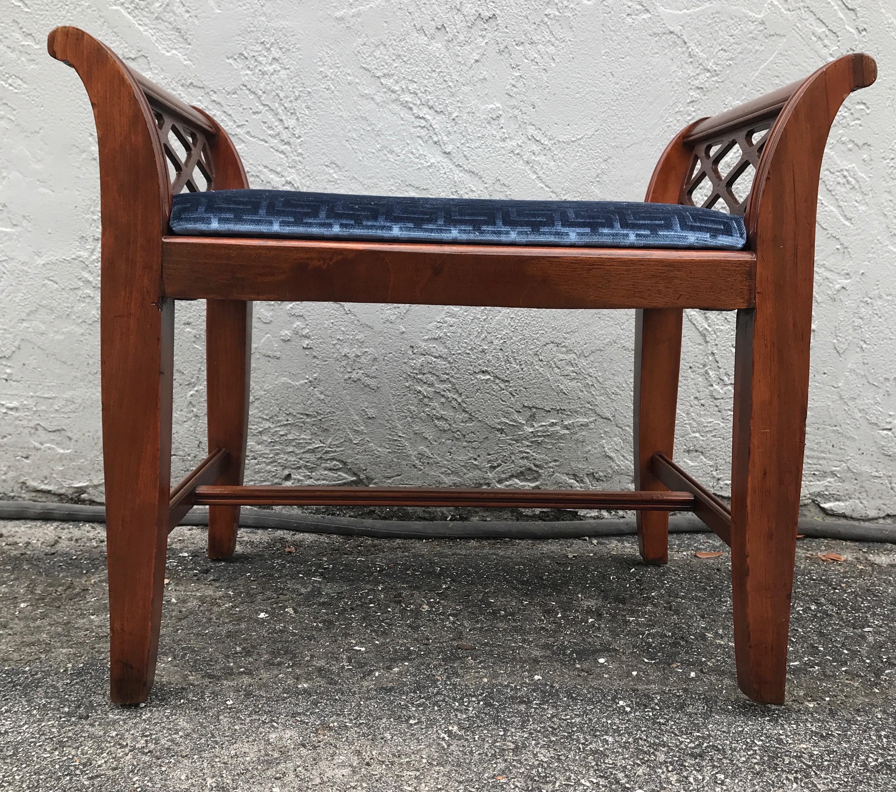 Sweet Chinese Chippendale style bench upholstered in blue velvet with Greek key design.