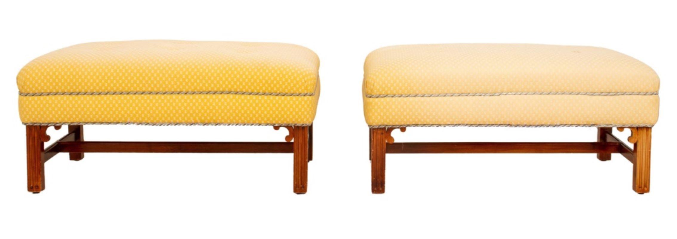 Pair (2) of Chinese Chippendale style benches, each rectangular with buttoned upholstered yellow jacquard tops (faded), on reeded square legs with scroll brackets, the legs joined by H stretchers. 16