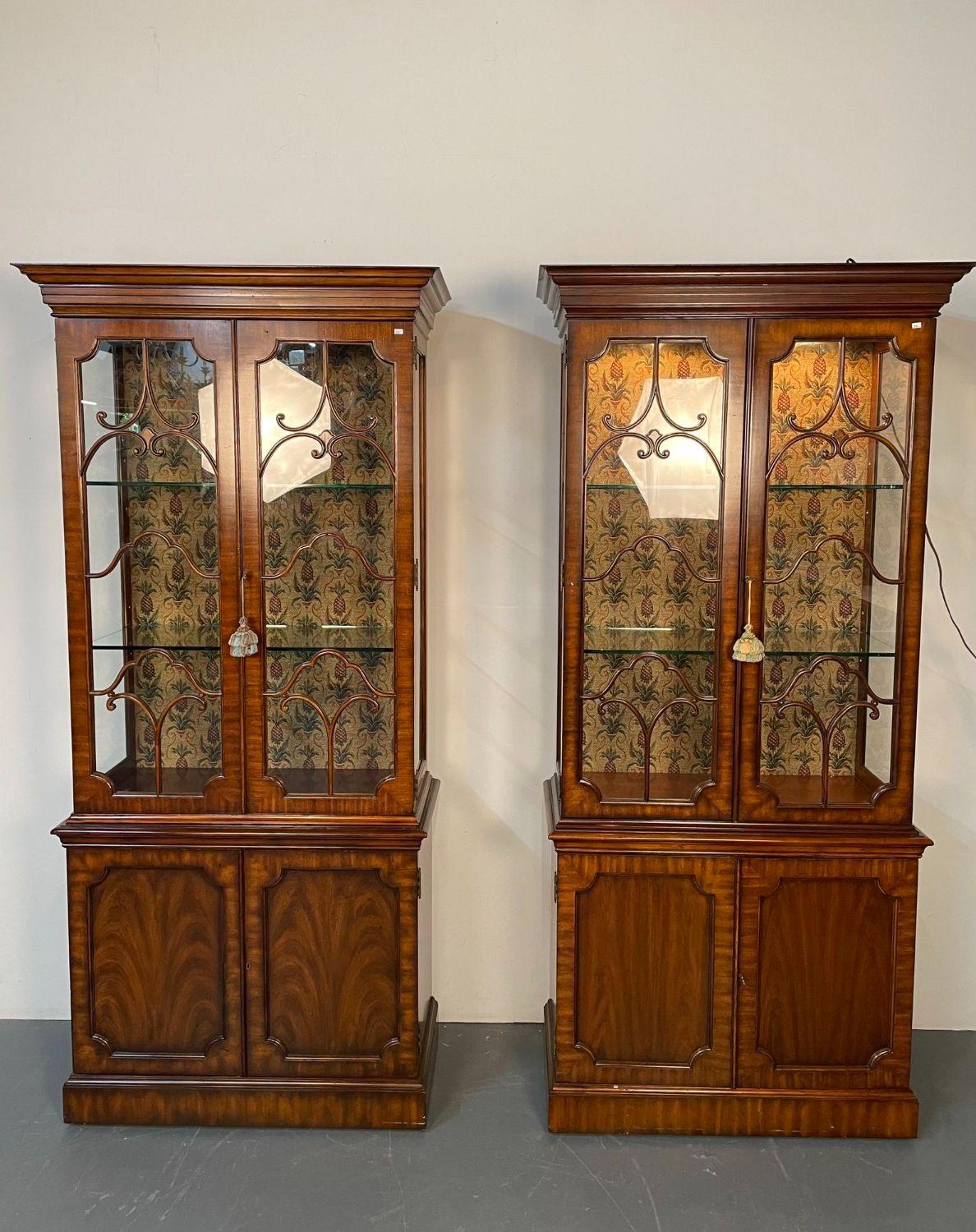 Chinese Chippendale Style Bookcases, Showcase Cabinets, Mahogany, Maitland Smith In Good Condition In Stamford, CT