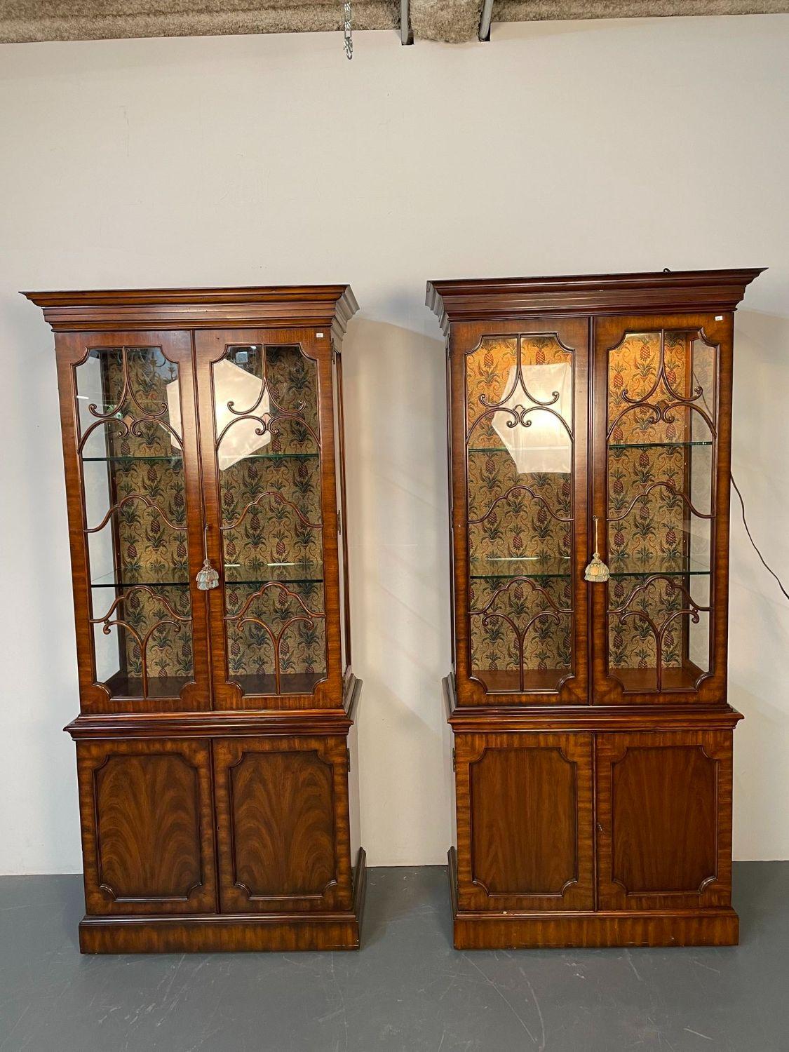 Late 20th Century Chinese Chippendale Style Bookcases, Showcase Cabinets, Mahogany, Maitland Smith
