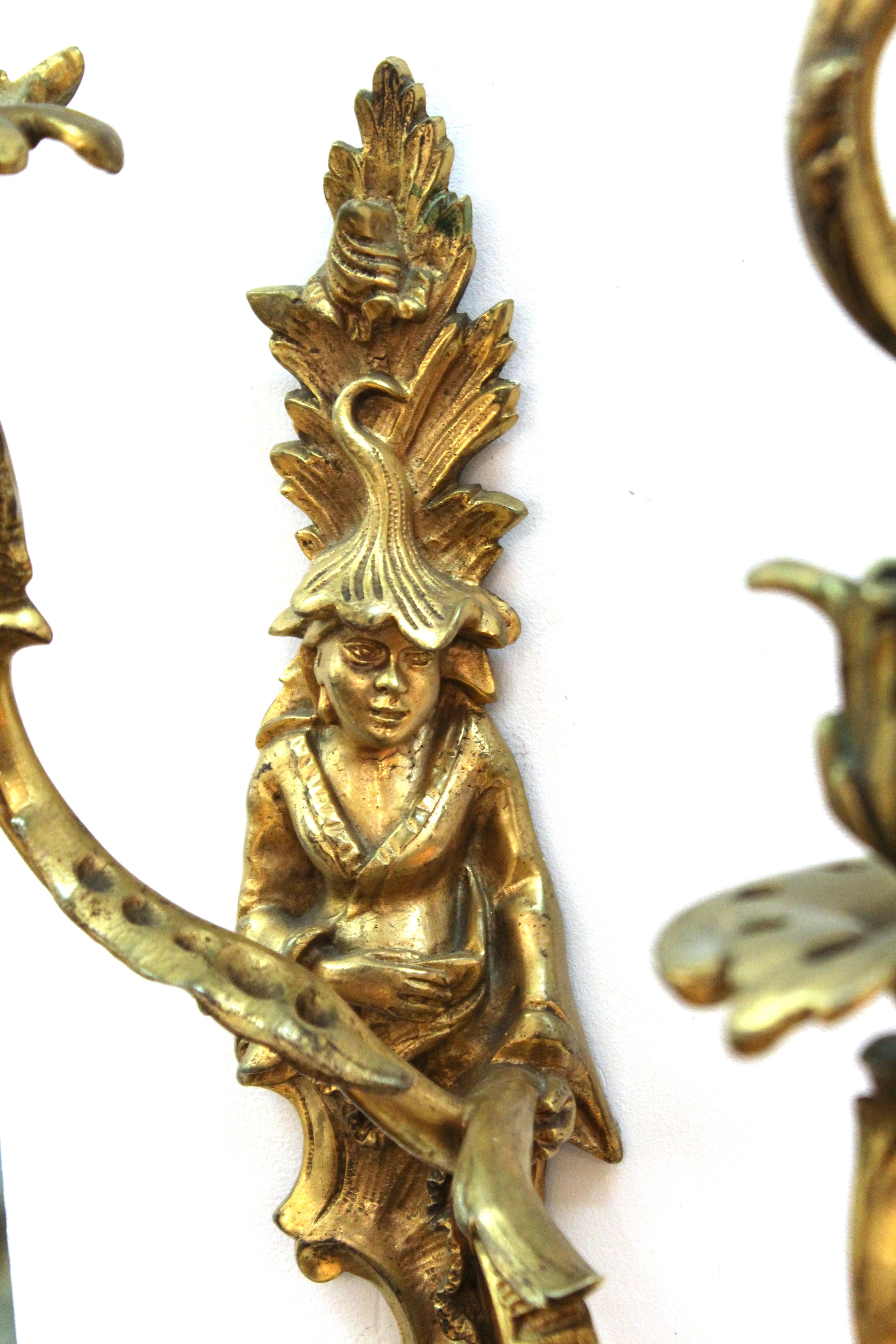 European Chinese Chippendale Style Bronze Wall Sconces with Chinoiserie Figures
