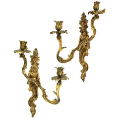 Antique Chinese Chippendale Style Bronze Wall Sconces with Chinoiserie Figures