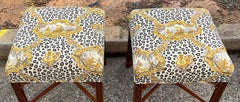 Chinese Chippendale Style Brunschwig & Fils Leopard / Chinoiserie Ottomans -Pair