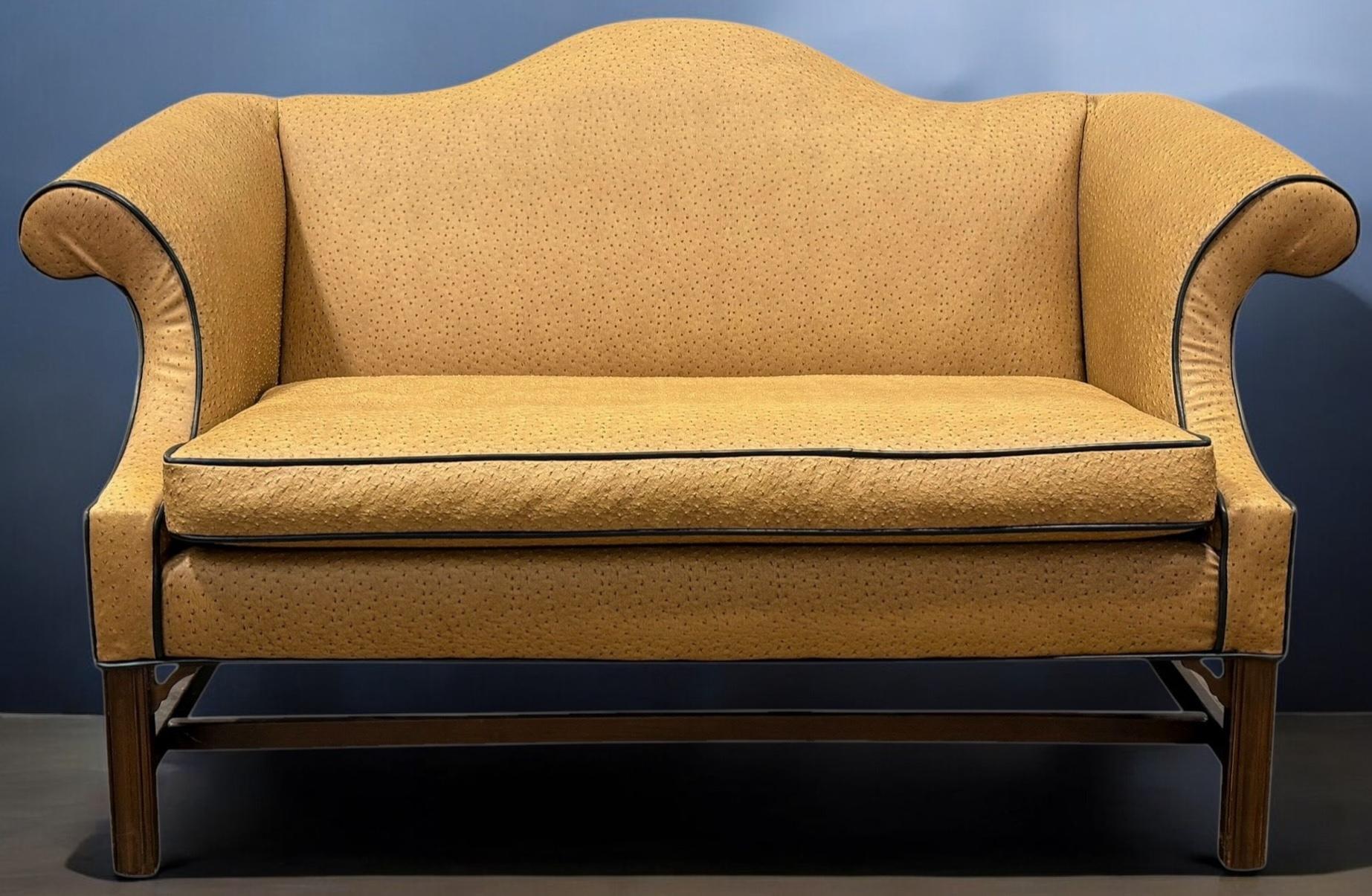 Chinese Chippendale Style Camelback Settee In Ostrich Leather For Sale 3