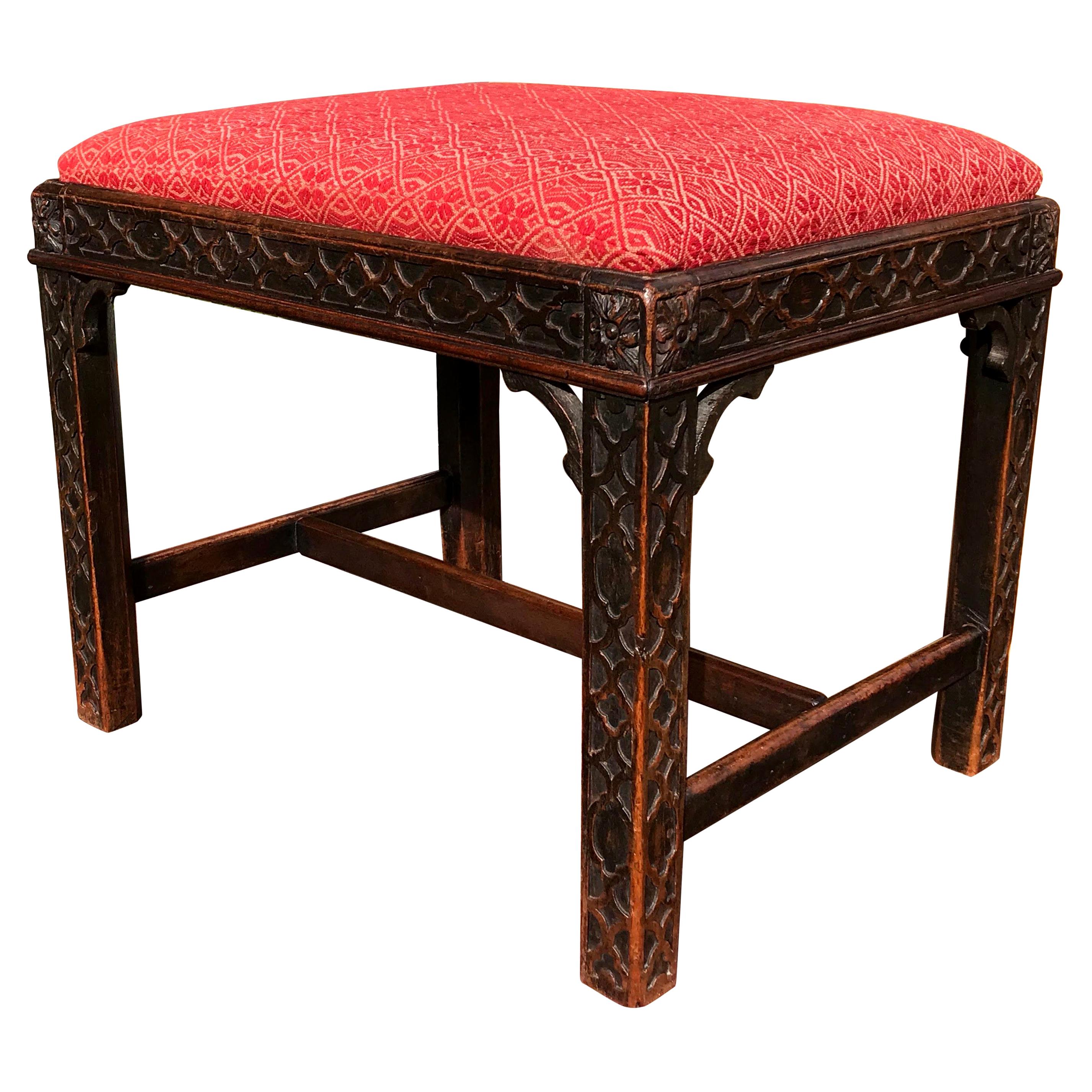 Chinese Chippendale Style Carved Mahogany Stool For Sale