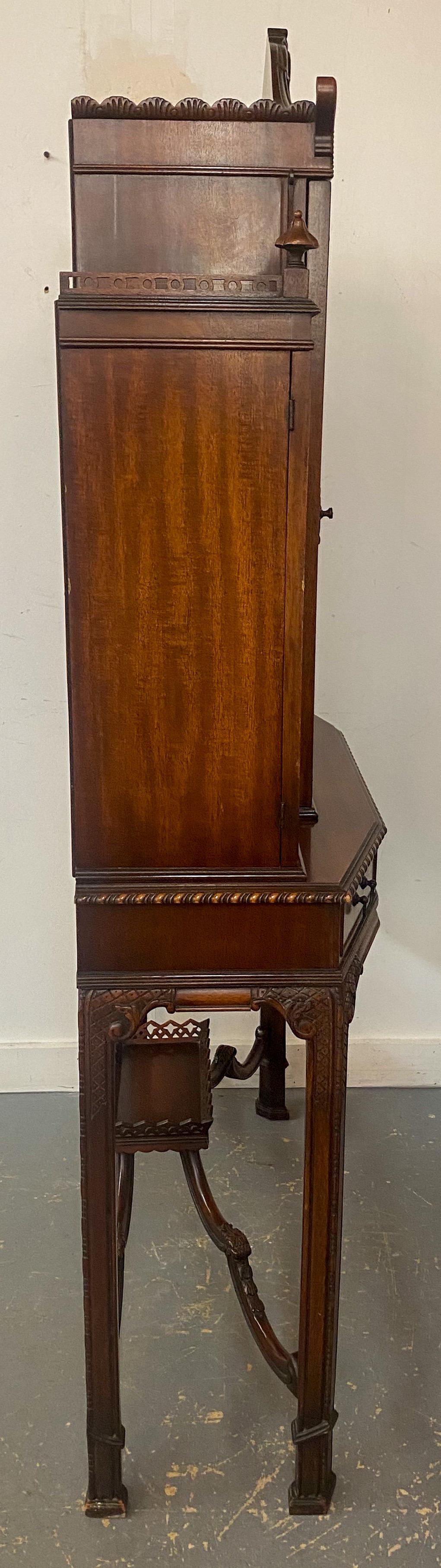 Chinese Chippendale Style Carved Mahogany Vitrine, Cabinet or Secretary Desk 11