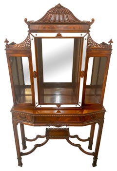 Antique Chinese Chippendale Style Carved Mahogany Vitrine, Cabinet or Secretary Desk