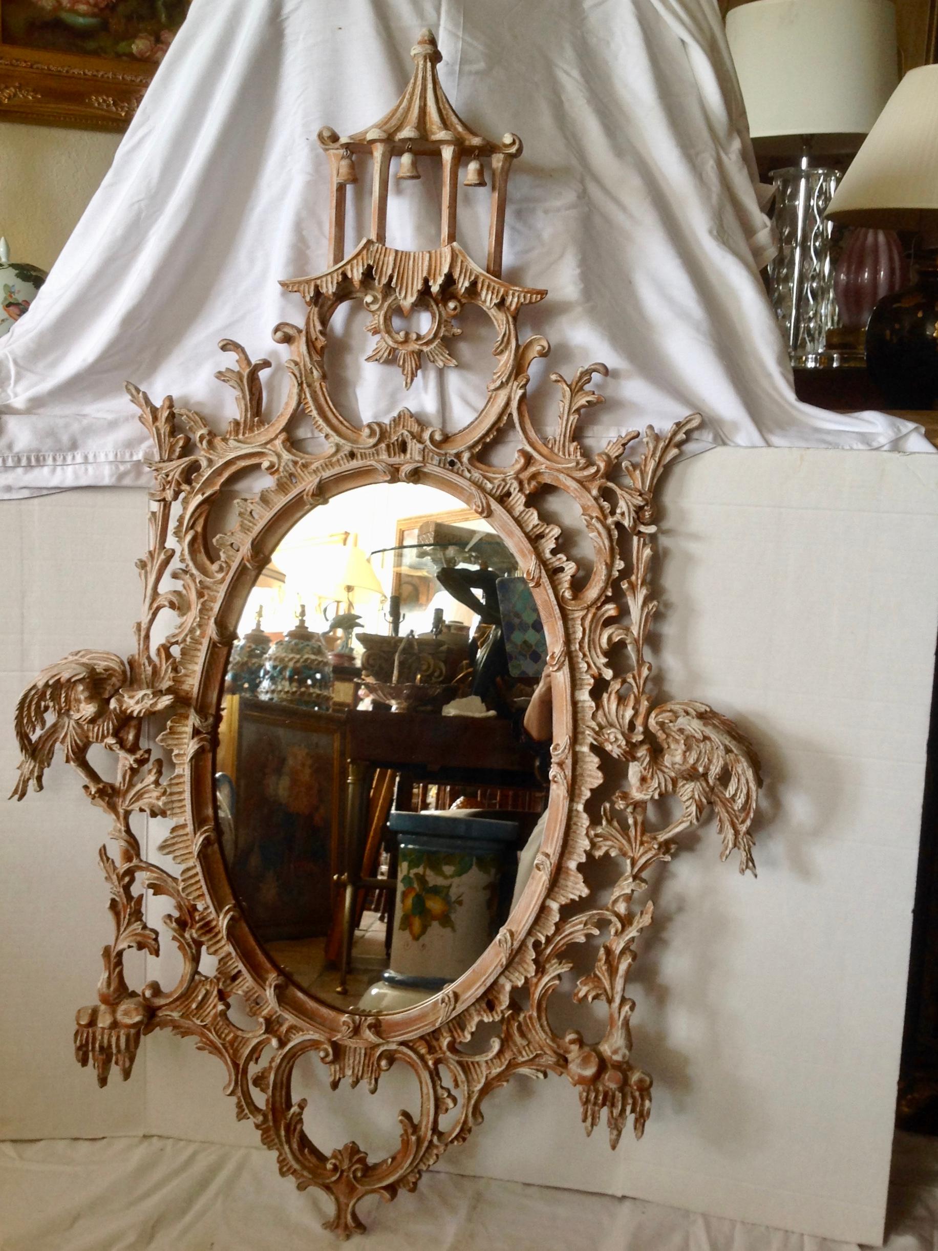 Chinese Chippendale Style Carved Wood Mirror With Pagoda Top 5