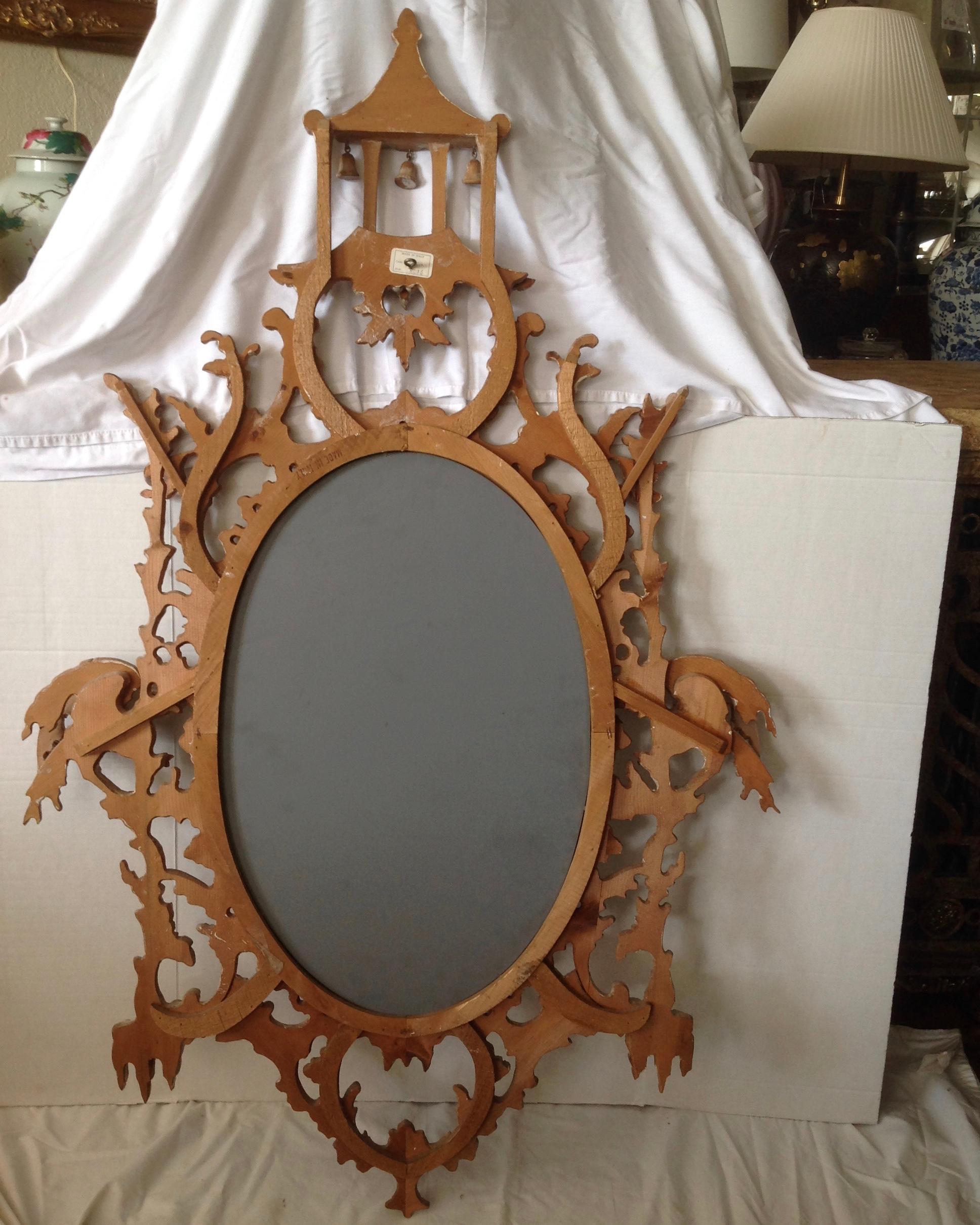 Chinese Chippendale Style Carved Wood Mirror With Pagoda Top 9