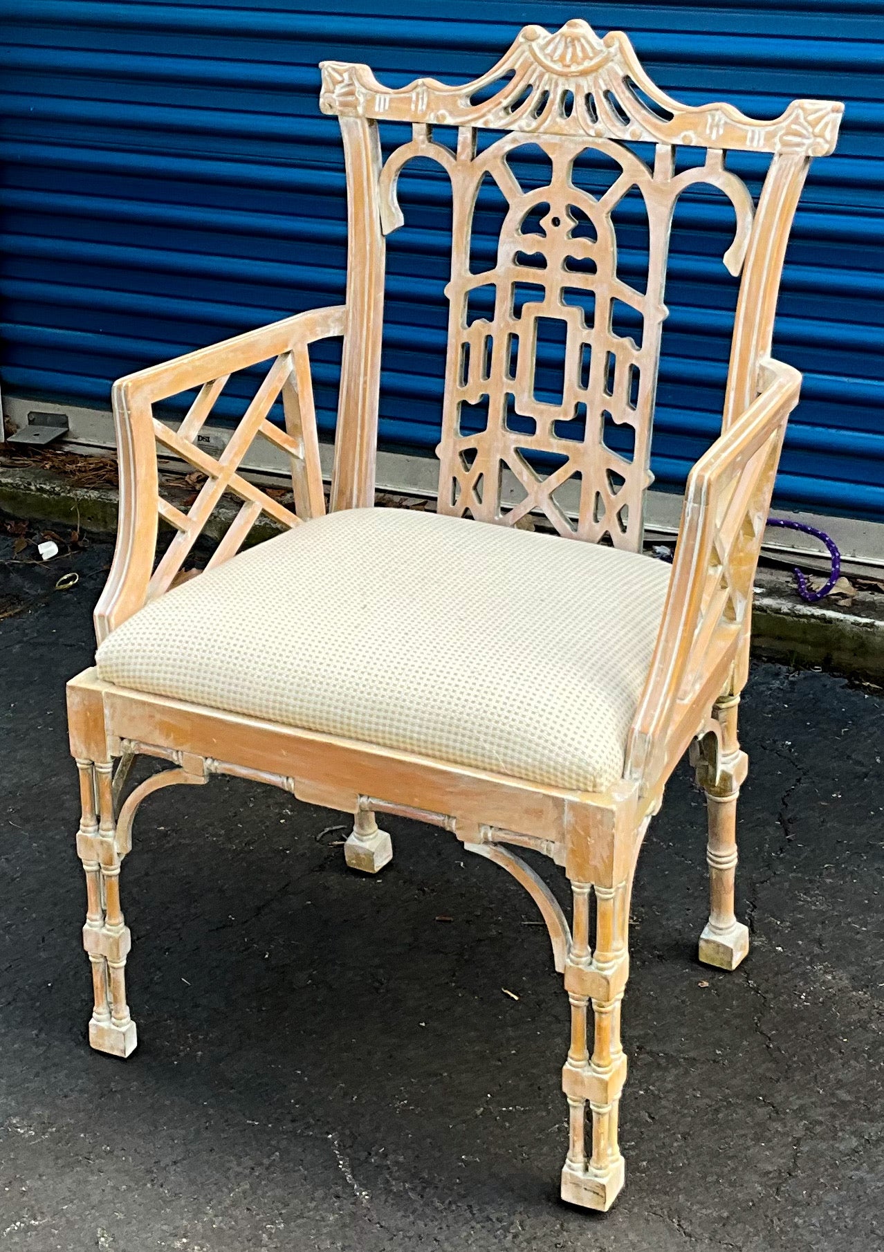 This is a lovely chair! It is a cerused pine or maple Chinese Chippendale style bergere chair. It is that statement chair for your desk or even vanity or that lone corner! It is unmarked. The arm height is 28”, and the seat is 20”. The vintage