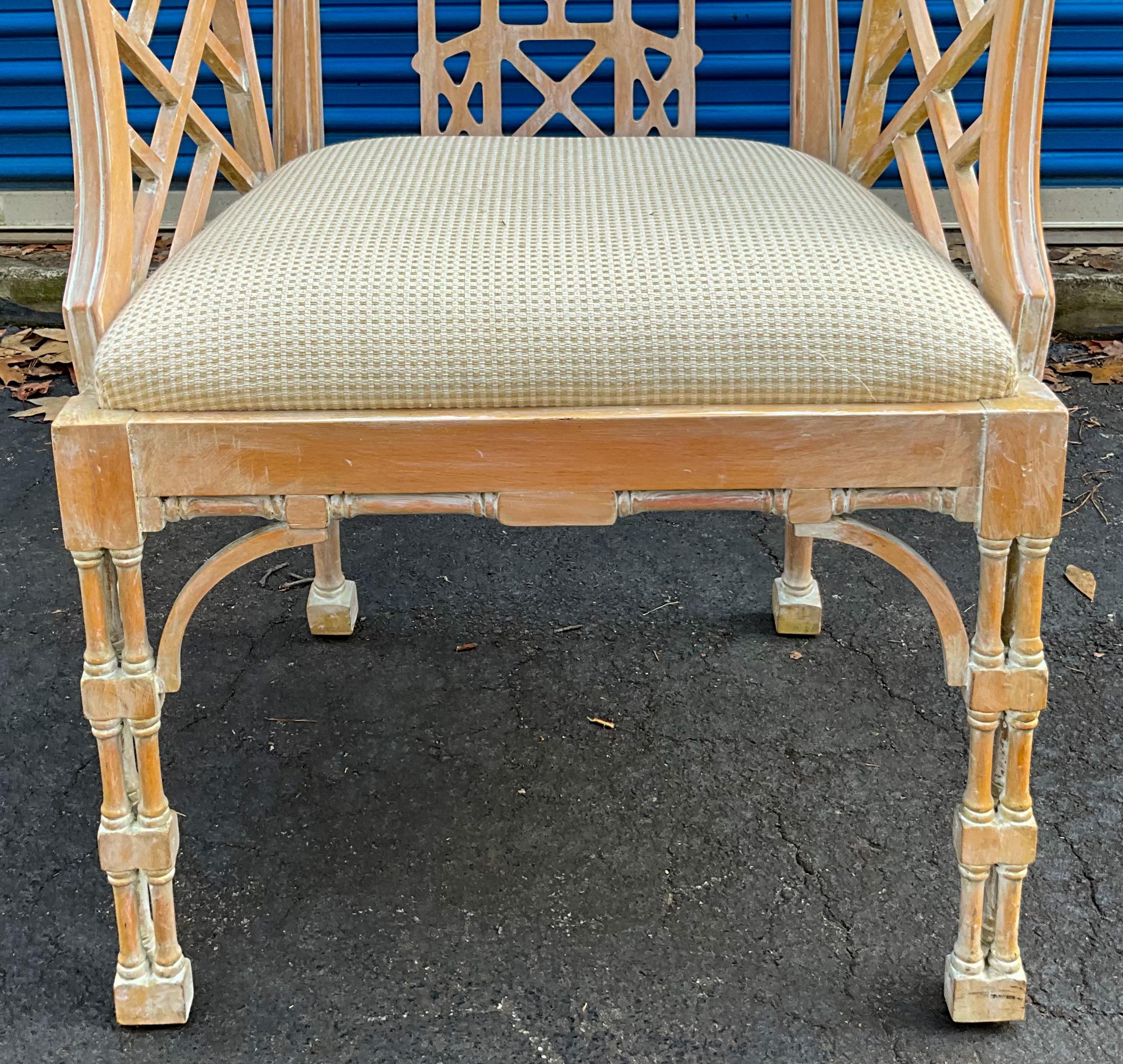Upholstery Chinese Chippendale Style Cerused Pine Julia Gray Bergere Desk or Vanity Chair