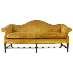 Vintage Chinese Chippendale Style Citron Velvet Camel Back Sofa