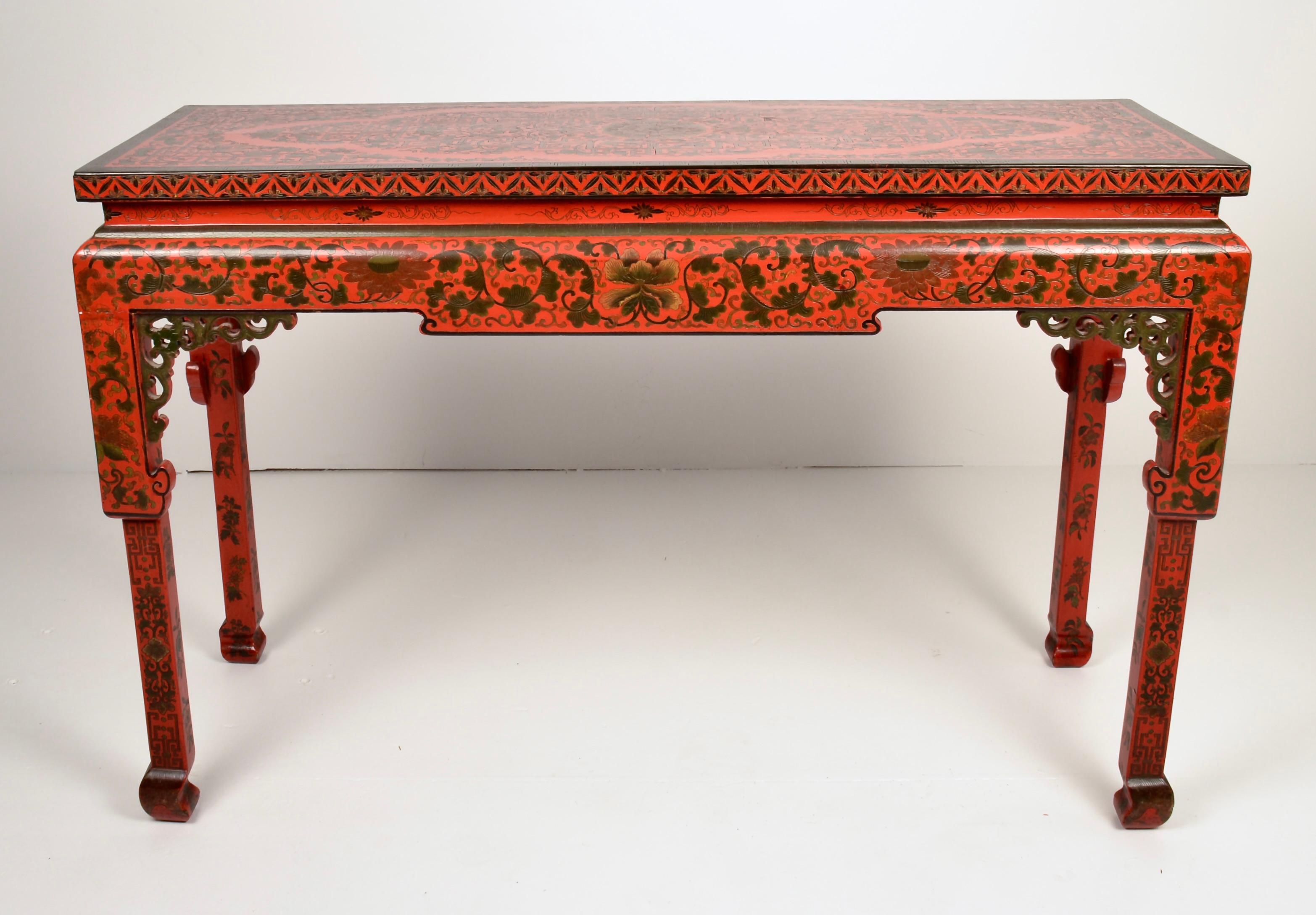 Mid-20th Century Chinese Chippendale Style Console Table w/ Lacquered Chinoiserie Decoration For Sale