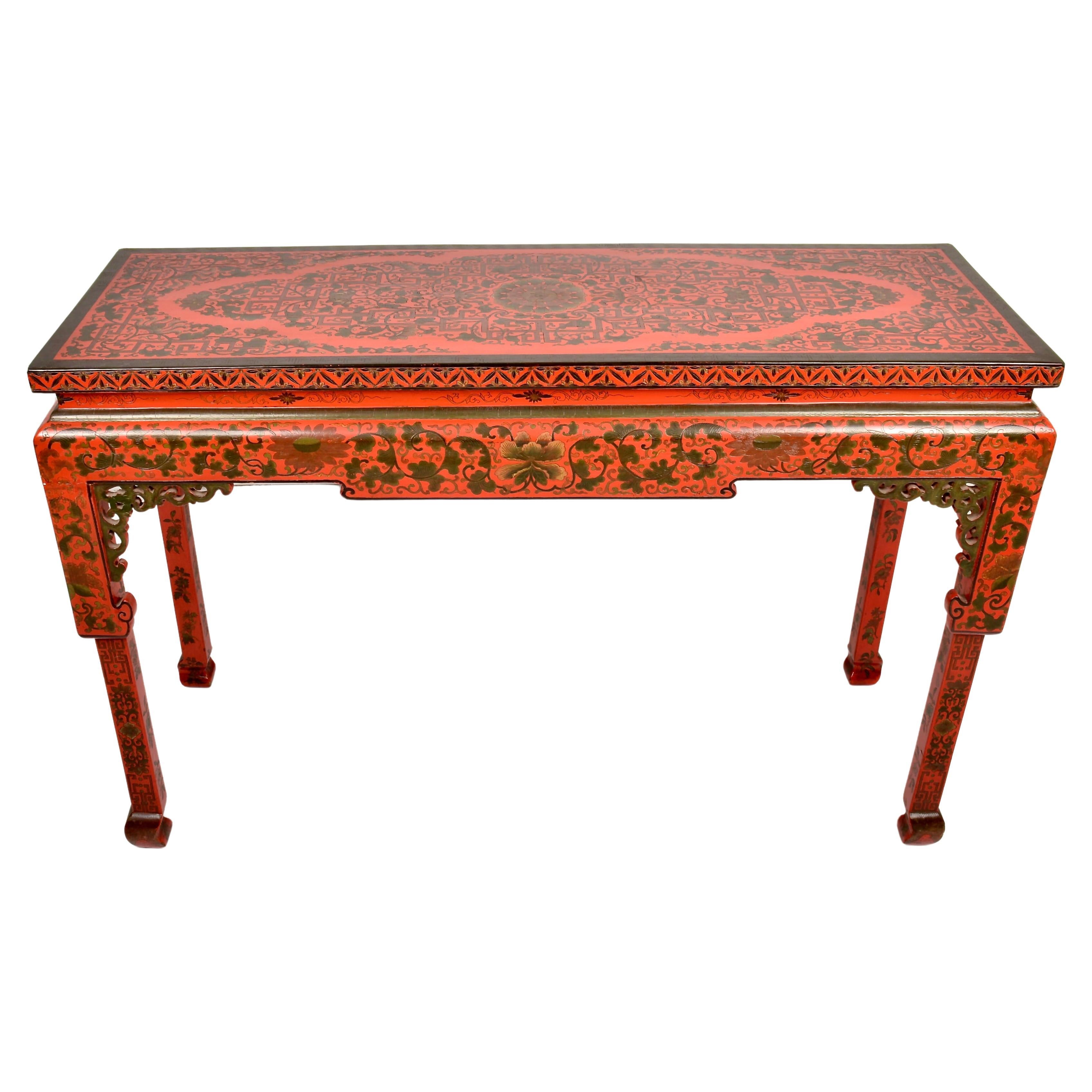 Chinese Chippendale Style Console Table w/ Lacquered Chinoiserie Decoration For Sale