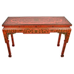 Vintage Chinese Chippendale Style Console Table w/ Lacquered Chinoiserie Decoration