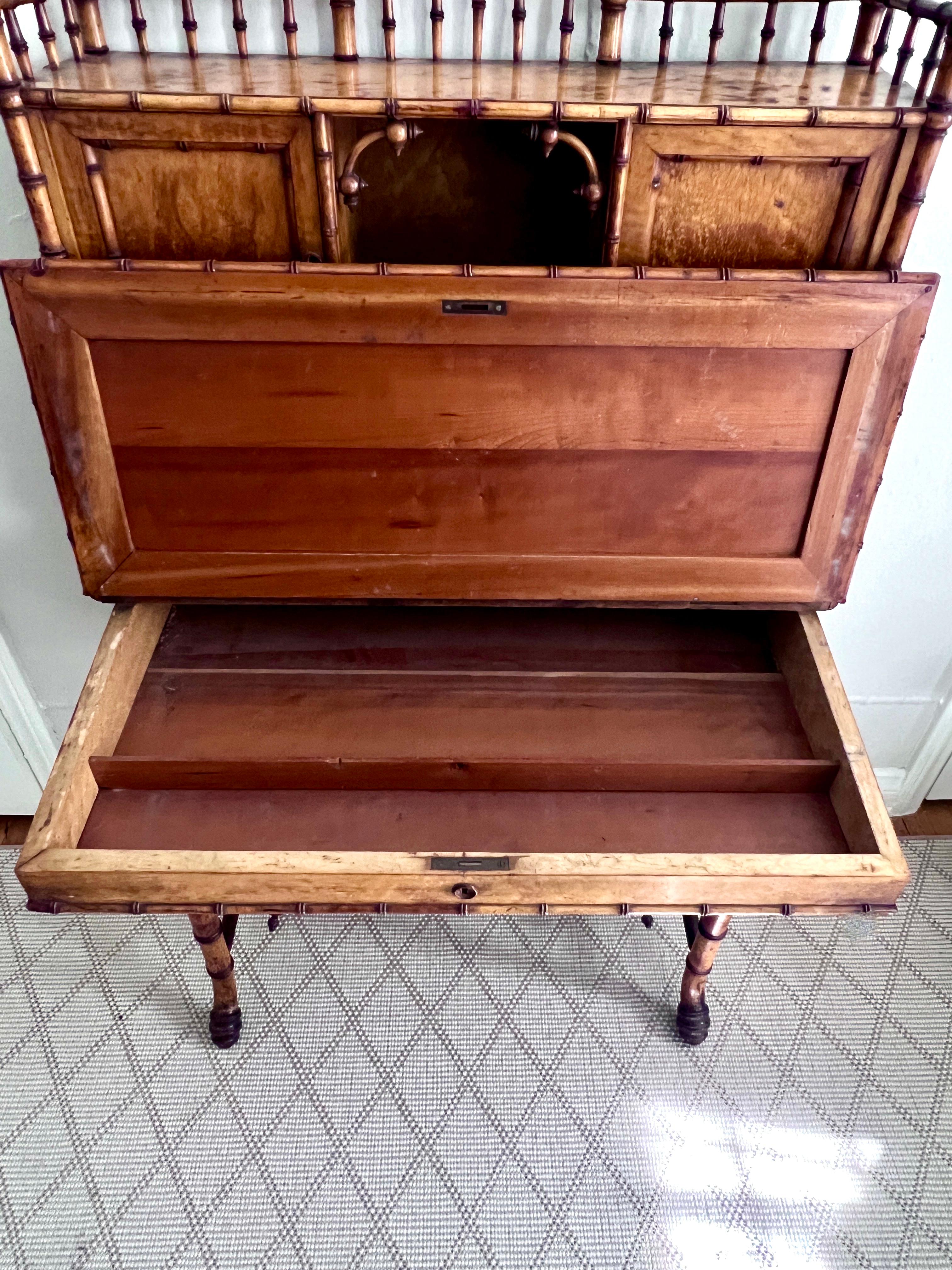 Chinese Chippendale Style English Bamboo Slanted Lift-Top Secretary Desk In Good Condition For Sale In Los Angeles, CA