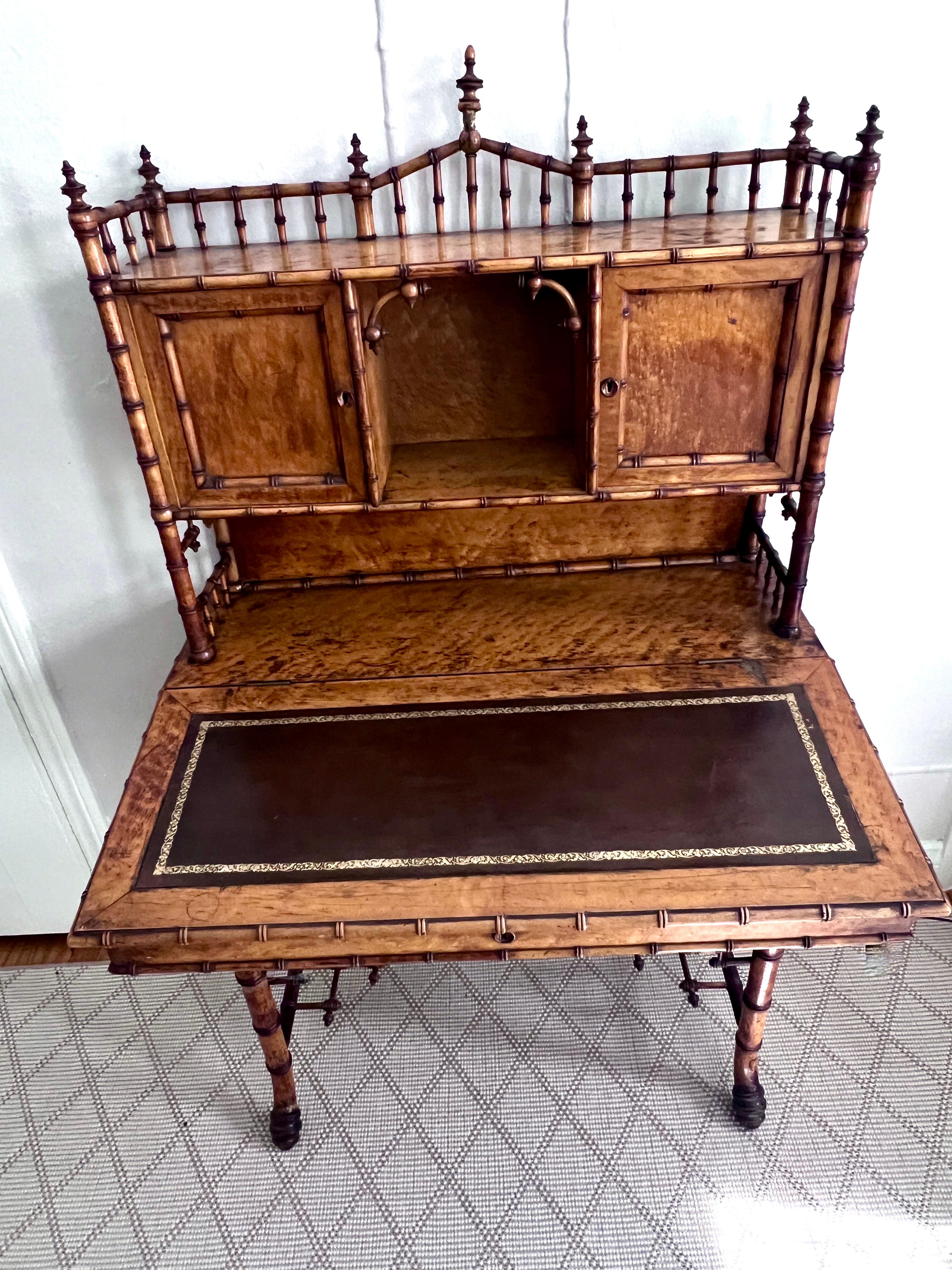 19th Century Chinese Chippendale Style English Bamboo Slanted Lift-Top Secretary Desk For Sale