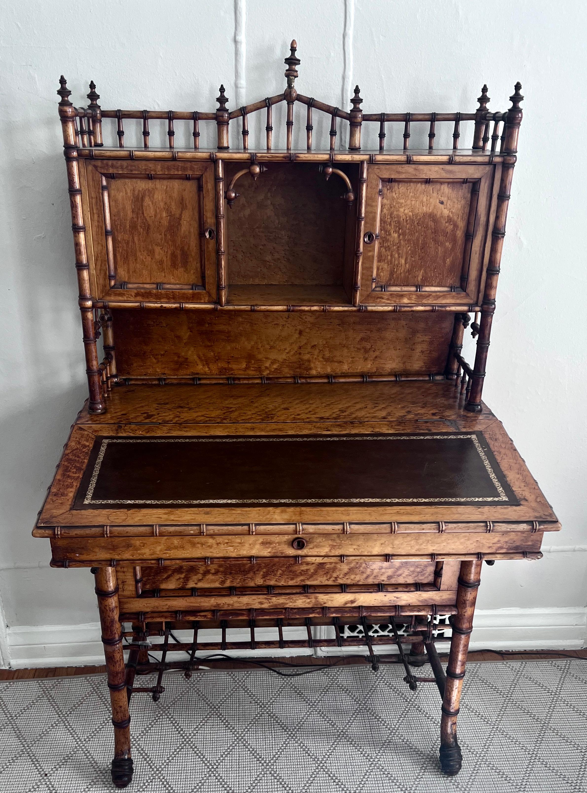 Leather Chinese Chippendale Style English Bamboo Slanted Lift-Top Secretary Desk For Sale