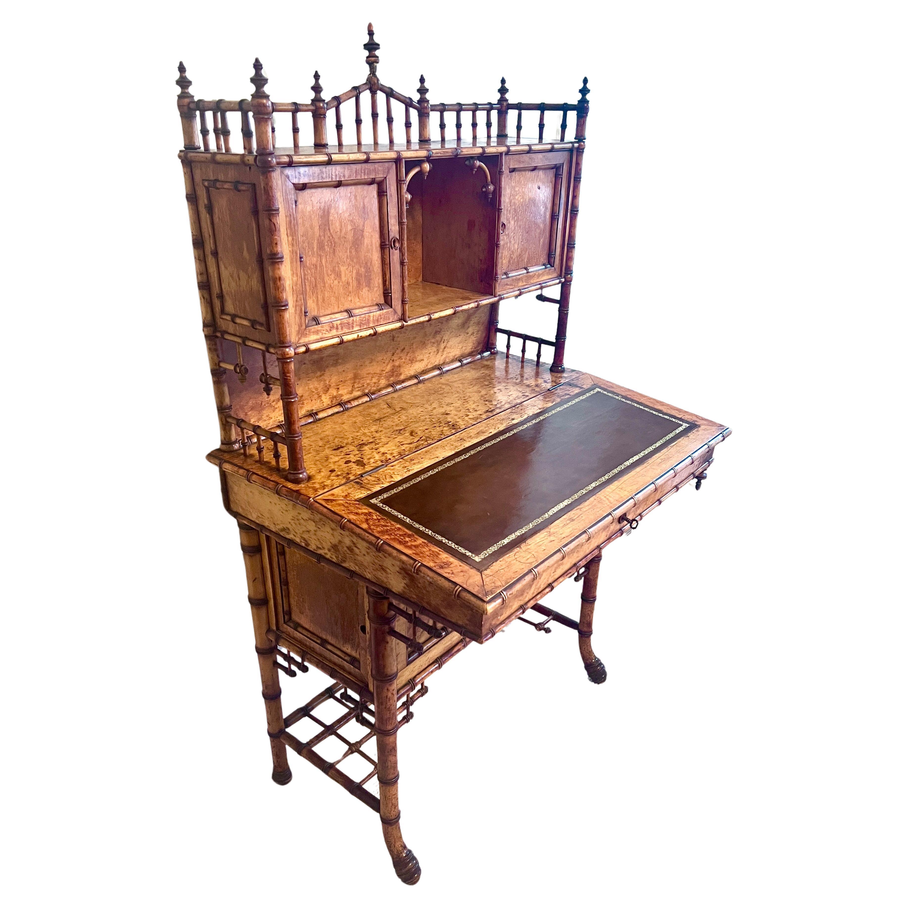 Chinese Chippendale Style English Bamboo Slanted Lift-Top Secretary Desk For Sale