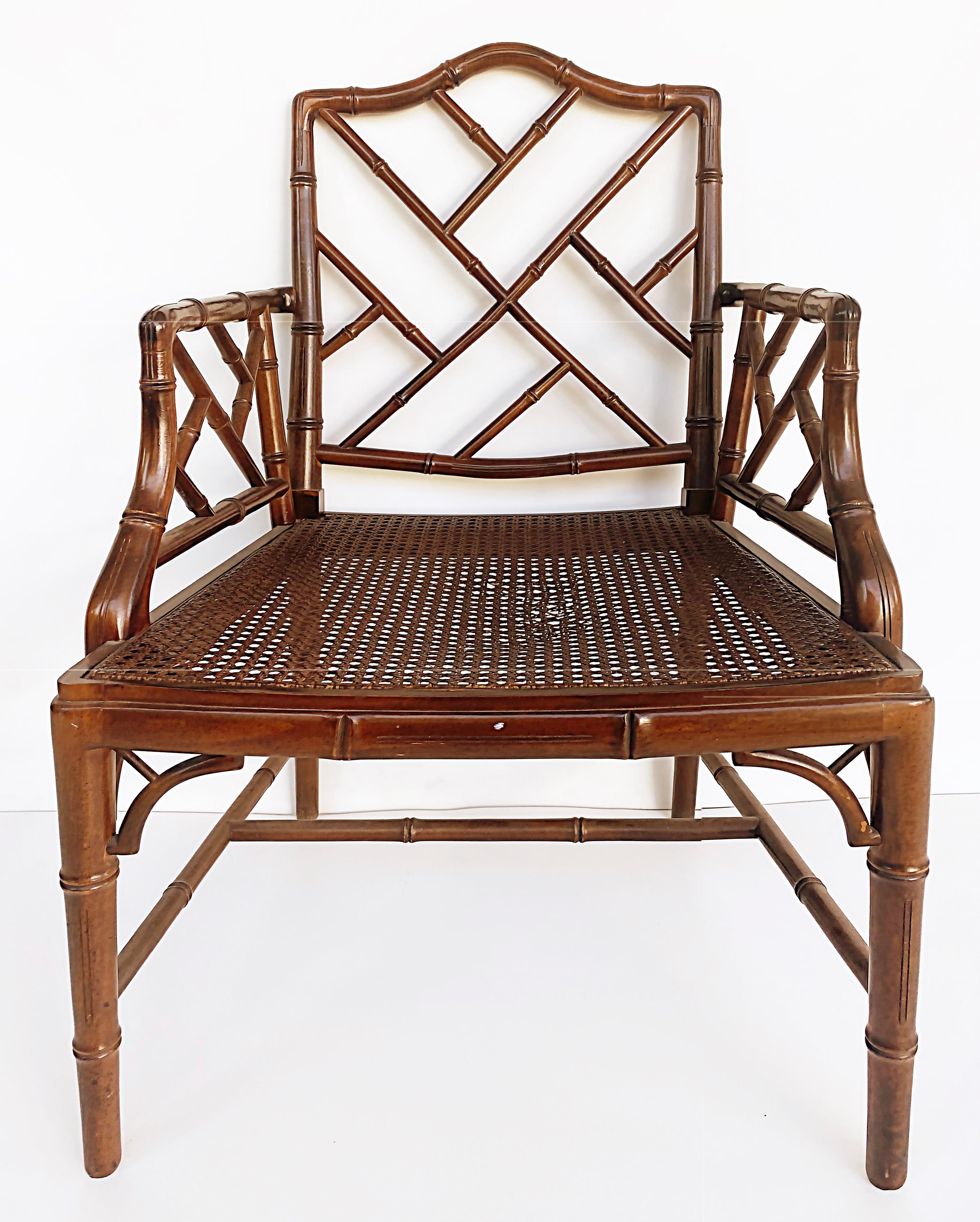 Chinese Chippendale Style Faux Bamboo Armchair, Caned Seat, Loose Seat Cushion For Sale 5