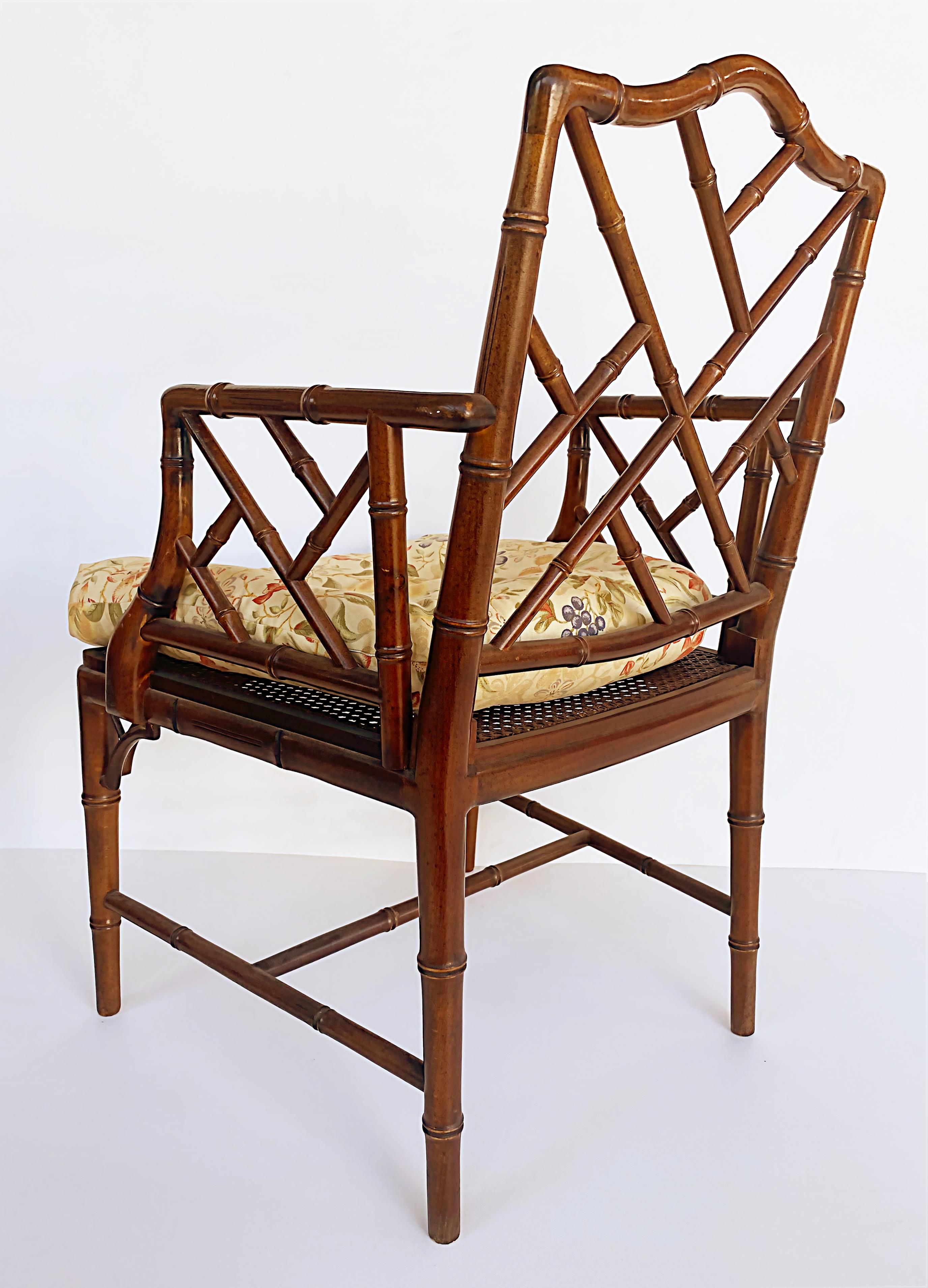American Chinese Chippendale Style Faux Bamboo Armchair, Caned Seat, Loose Seat Cushion For Sale